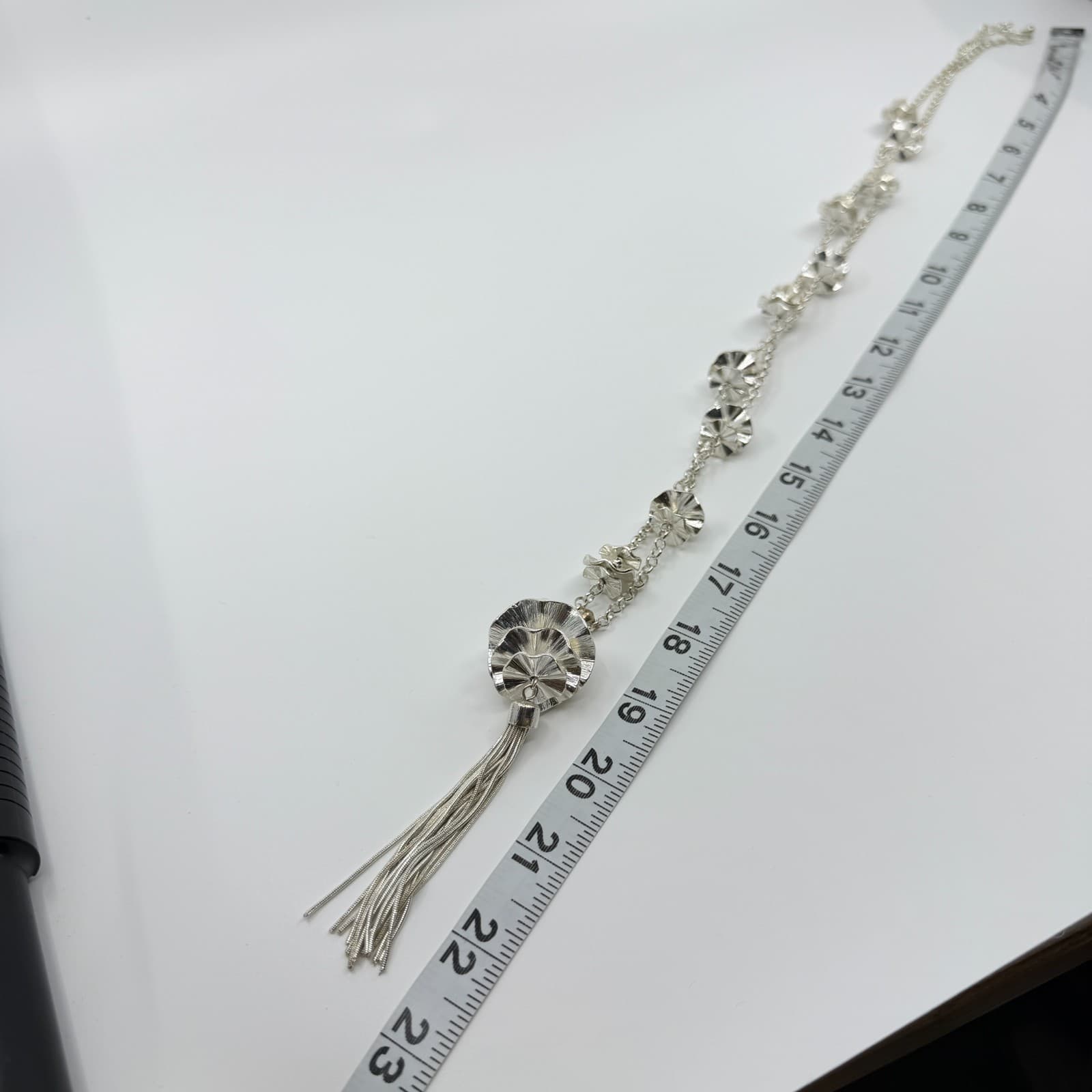 Vintage Silver Tone Long Station Tassel Necklace Ruffled Metal Orb Statement 90s - Thumbnail 9