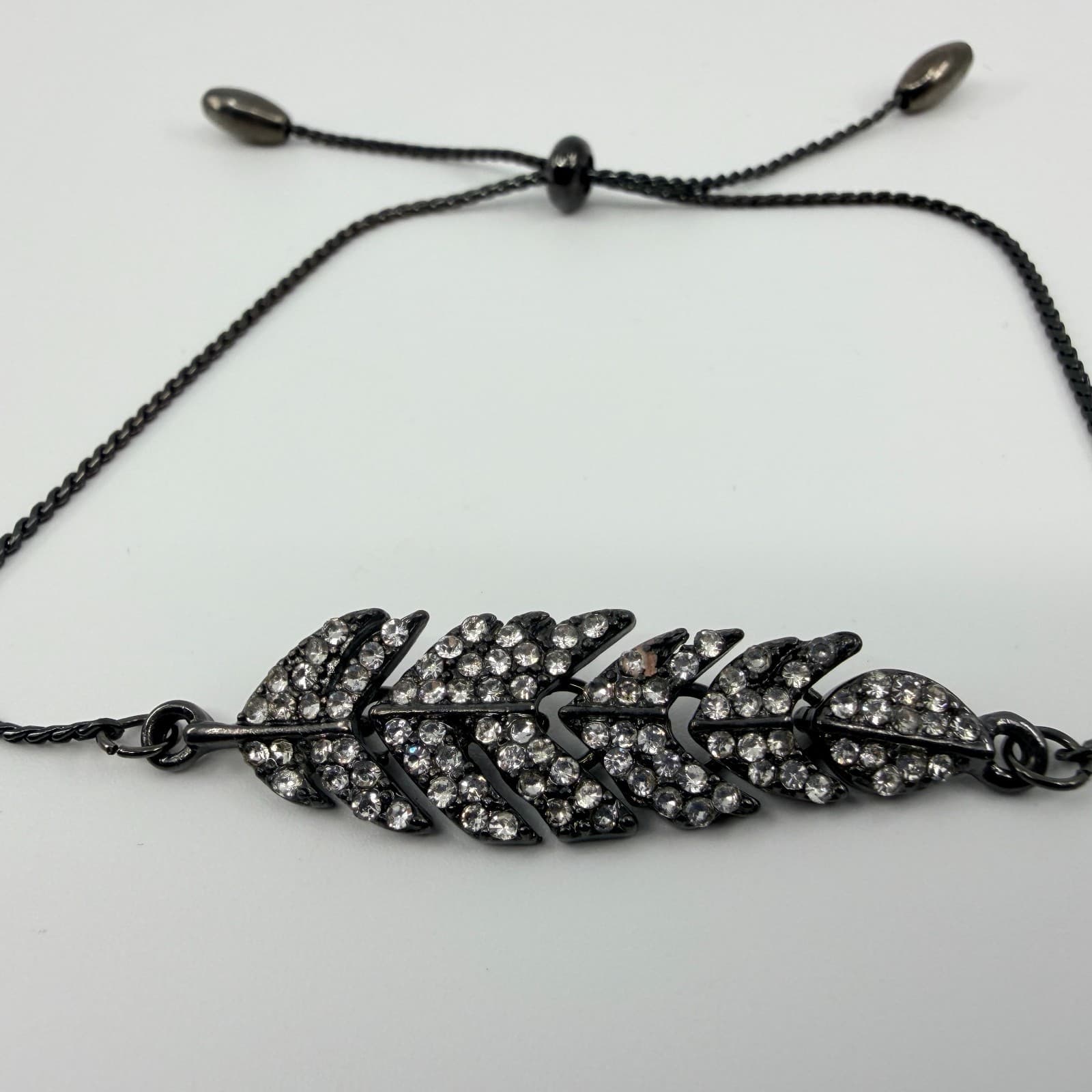 Vintage Gunmetal Tone Feather Bracelet Rhinestone Accent Adjustable Slider Bolo - Thumbnail 2