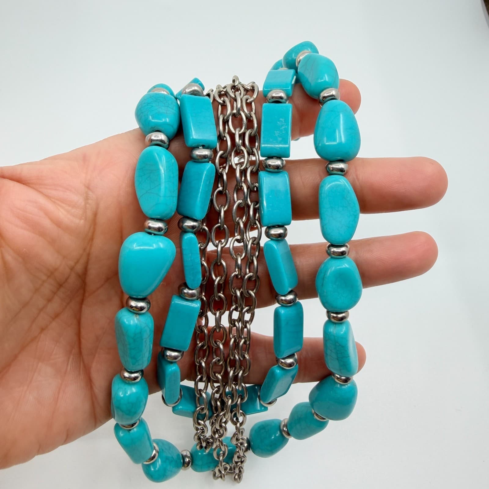 Vintage Silver Tone Turquoise Color Necklace Multi Strand Chunky Layered Chain - Thumbnail 8
