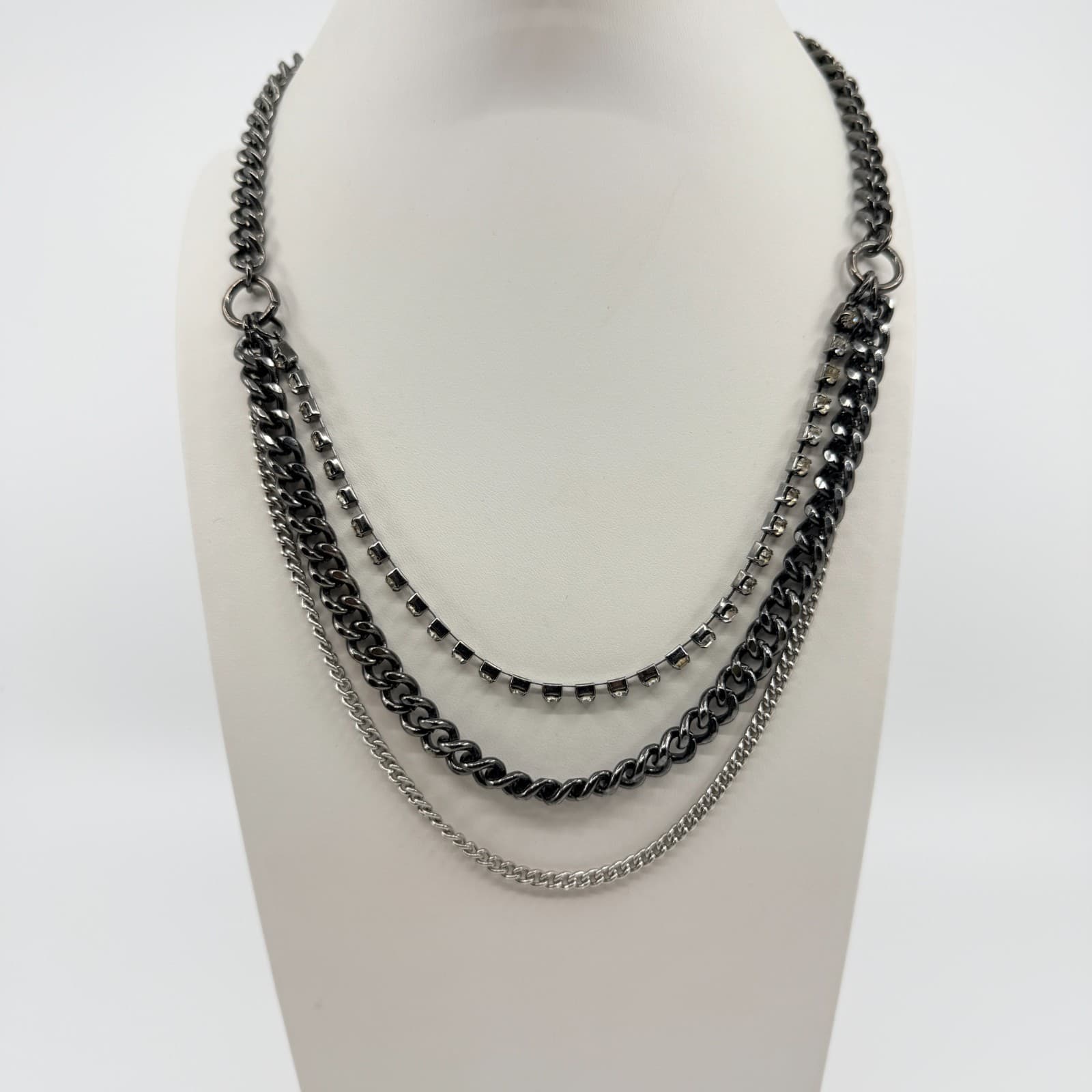 Vintage Gunmetal Tone Layered Necklace Multi Strand Chunky Curb Chain Rhinestone - Thumbnail 3