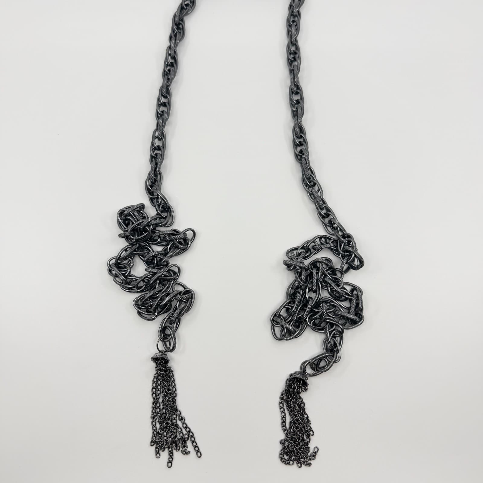 Vintage Gunmetal Tone Lariat Necklace Chunky Chain Tassel Scarf Wrap Gothic Boho - Thumbnail 5