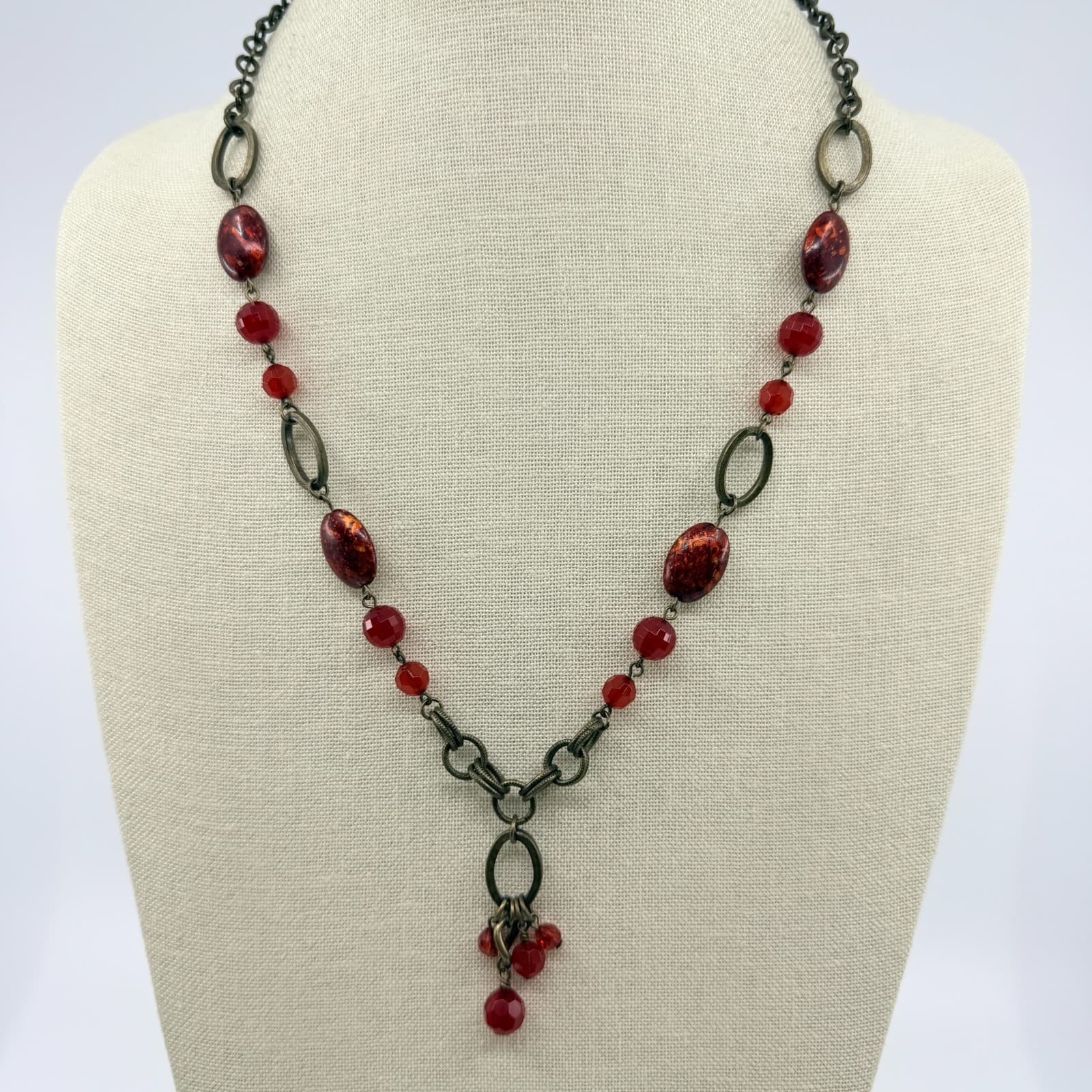 Vintage Antique Brass Tone Red Necklace Faceted Crystal Glass Bead Drop Y-Neck - Thumbnail 5