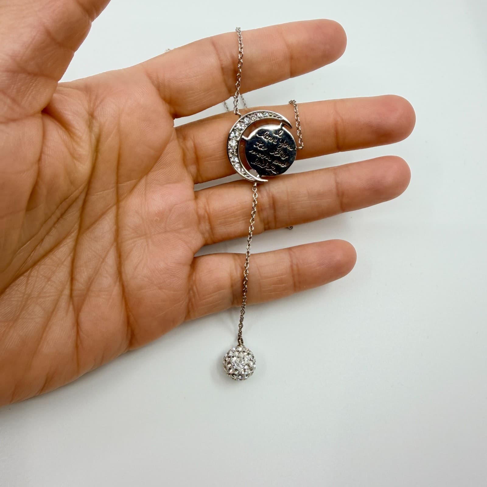VTG Silver Tone Love You to the Moon Back Lariat Necklace Crystal Pendant Dainty - Thumbnail 7
