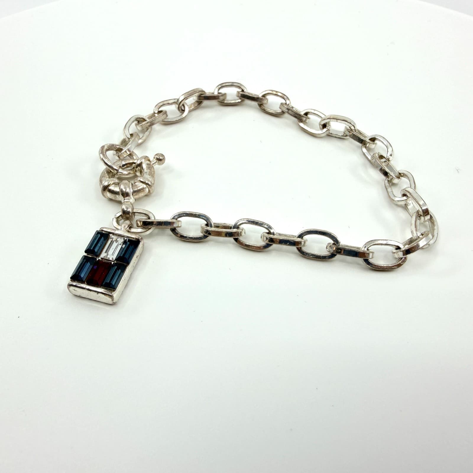 Vintage Silver Tone Link Chain Bracelet Flag Charm Blue Red White Rhinestone Y2K