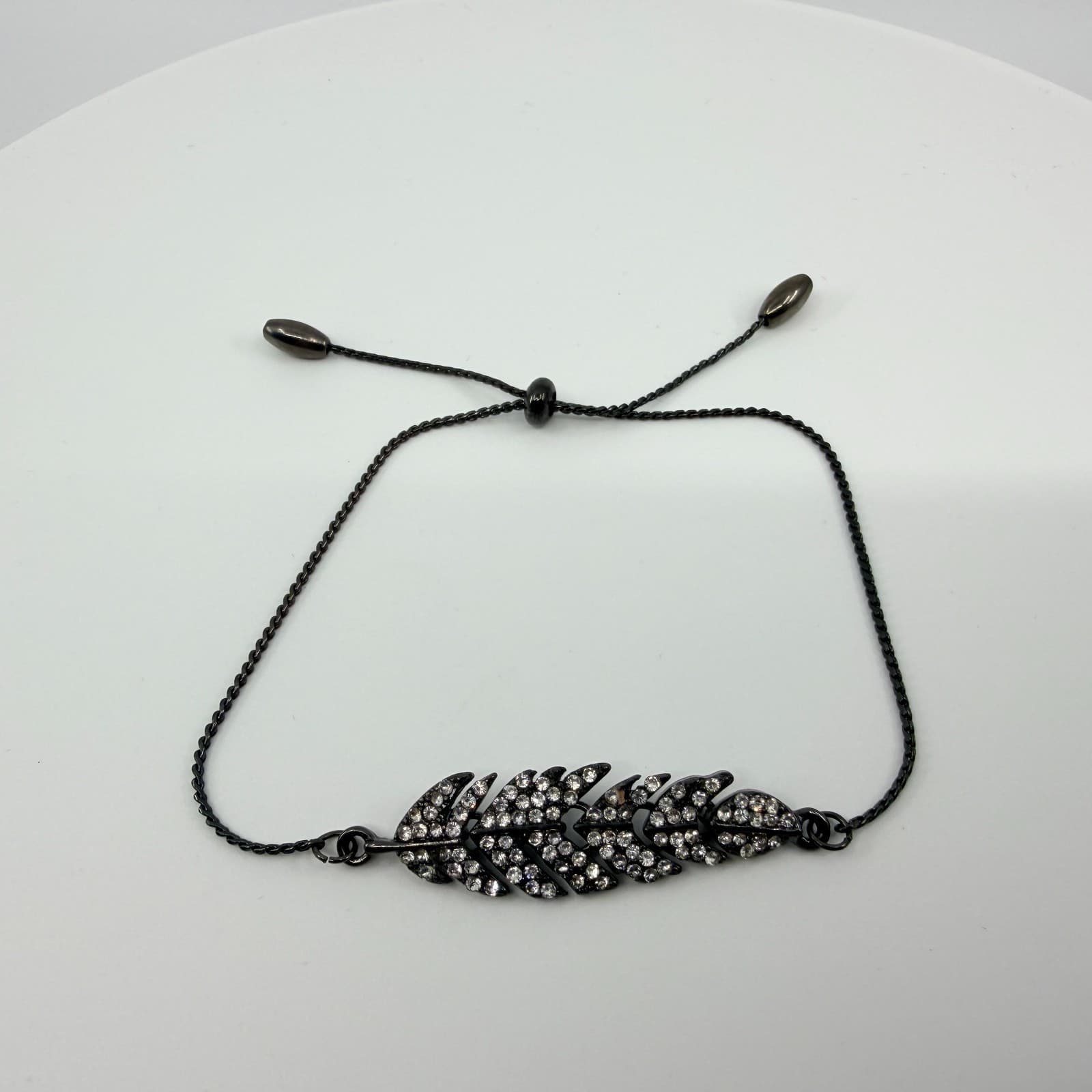 Vintage Gunmetal Tone Feather Bracelet Rhinestone Accent Adjustable Slider Bolo - Thumbnail 4