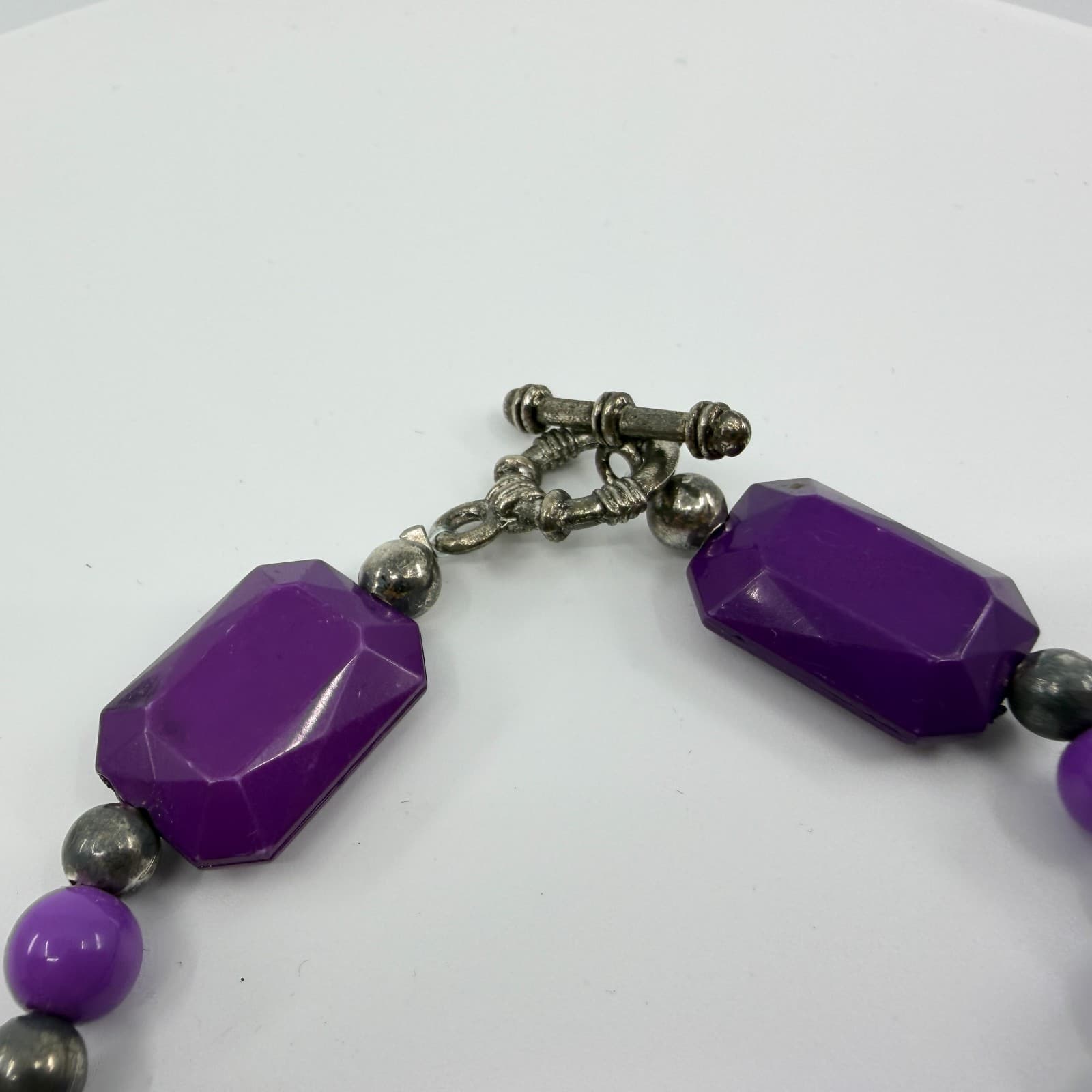 Vintage Silver Tone Purple Beaded Bracelet Chunky Statement Toggle Bold Boho 90s - Thumbnail 5