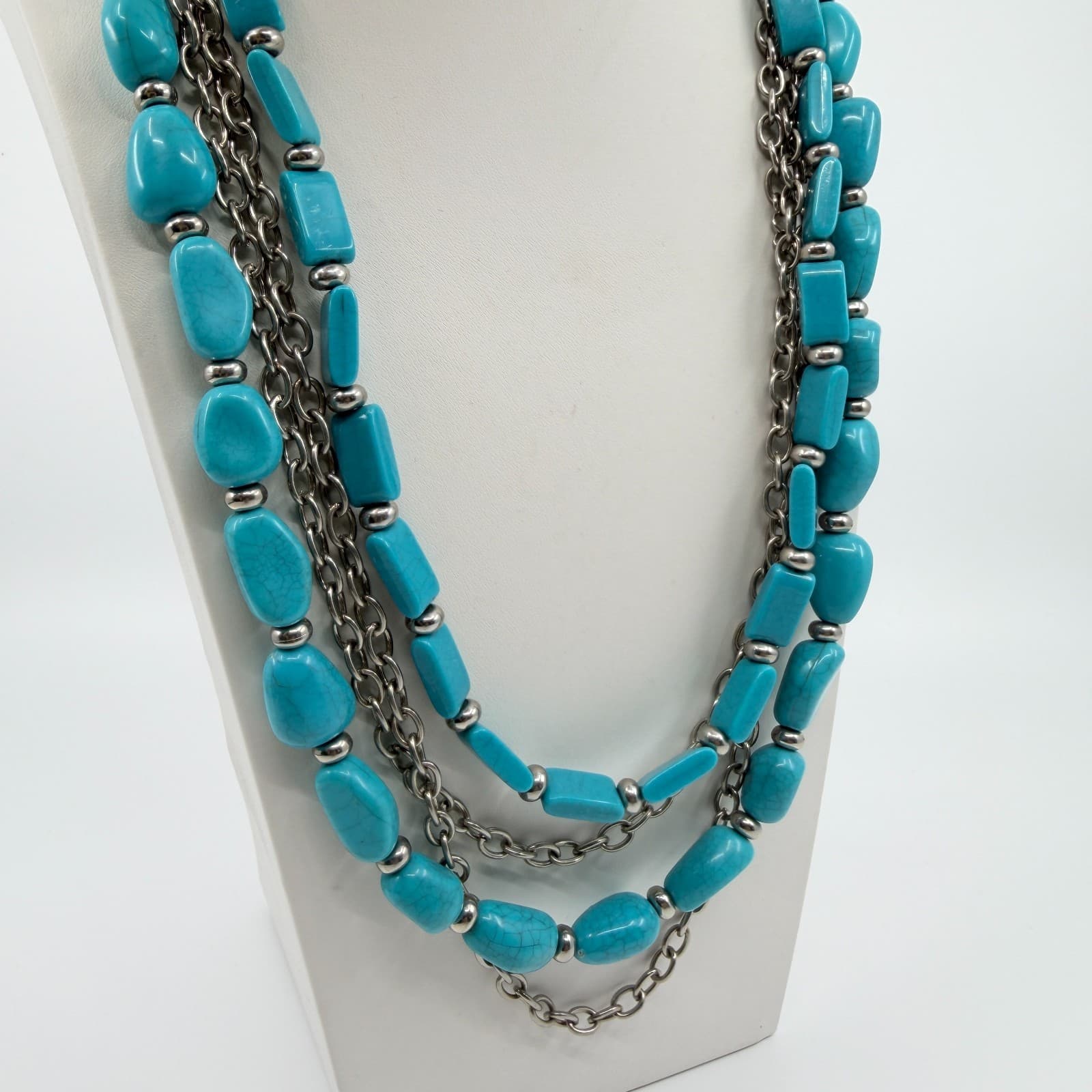 Vintage Silver Tone Turquoise Color Necklace Multi Strand Chunky Layered Chain - Thumbnail 5