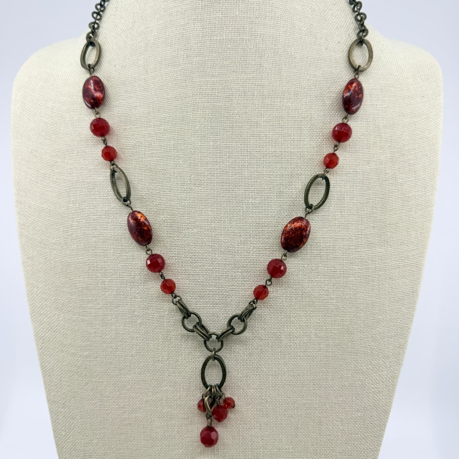Vintage Antique Brass Tone Red Necklace Faceted Crystal Glass Bead Drop Y-Neck - Thumbnail 4