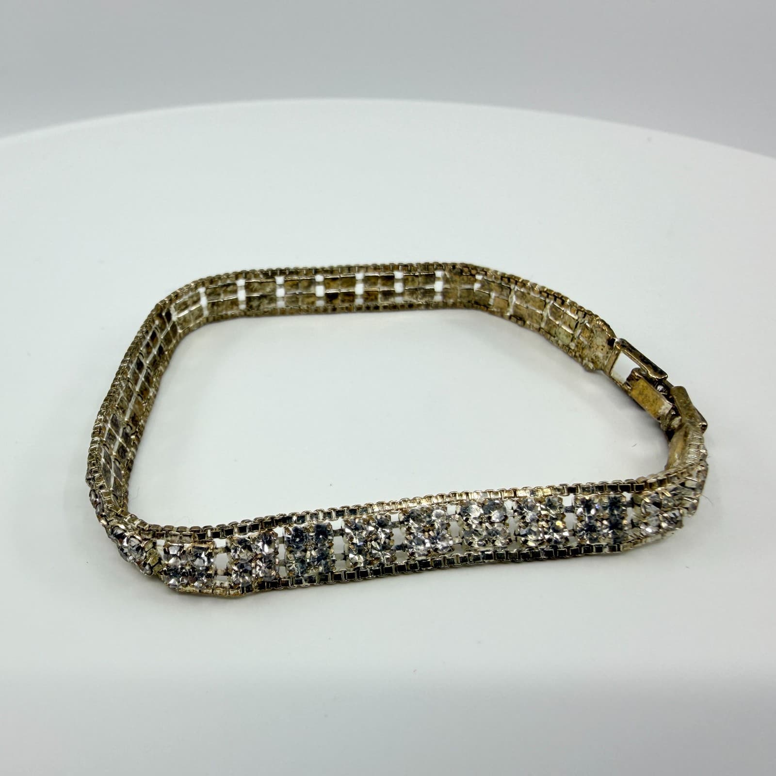 Vtg Silver Tone Tennis Bracelet Multi Row Clear Rhinestone Cup Chain Deco Y2K