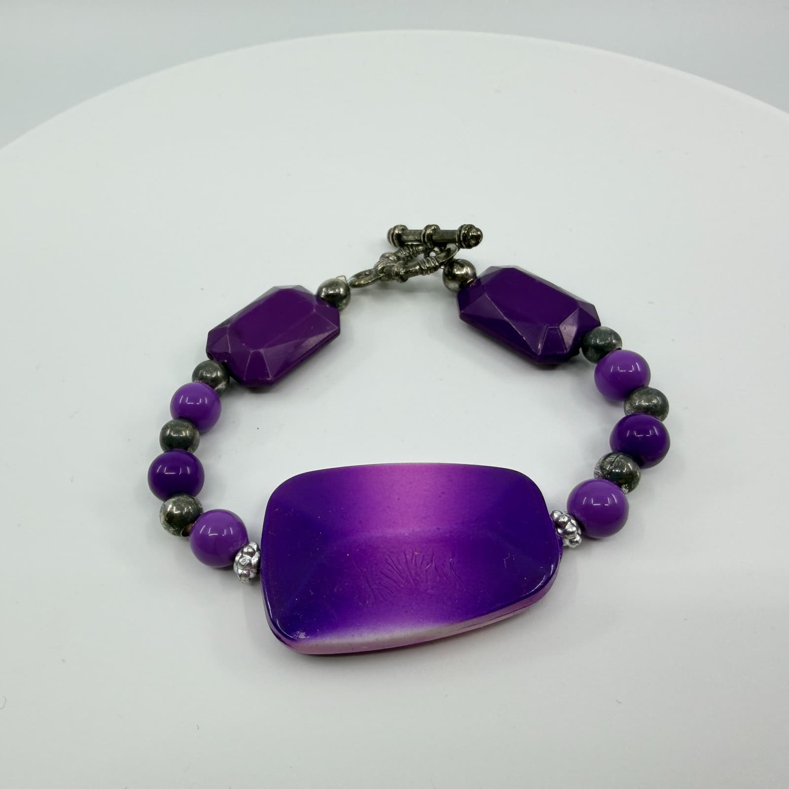 Vintage Silver Tone Purple Beaded Bracelet Chunky Statement Toggle Bold Boho 90s - Thumbnail 6