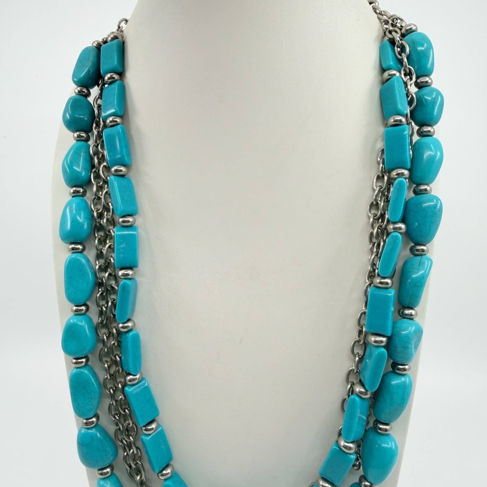 Vintage Silver Tone Turquoise Color Necklace Multi Strand Chunky Layered Chain - Thumbnail 3