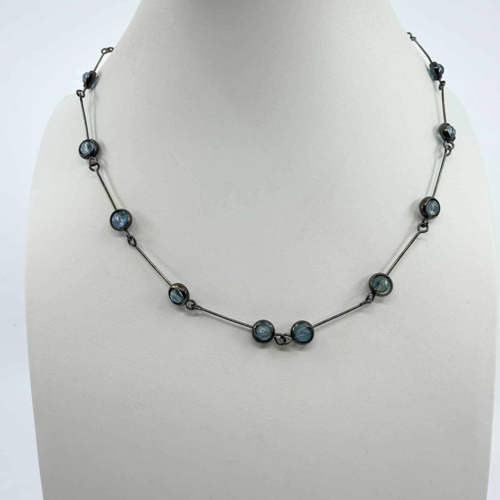 VTG Gunmetal Tone Blue Crystal Glass Necklace Station Link Bar Dainty Minimalist - Thumbnail 6
