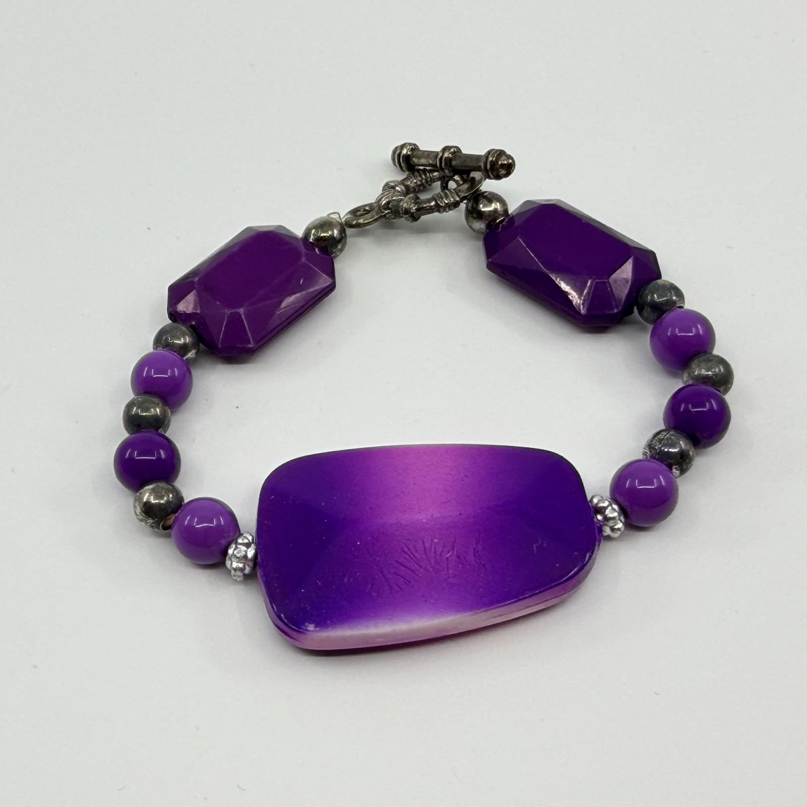 Vintage Silver Tone Purple Beaded Bracelet Chunky Statement Toggle Bold Boho 90s - Thumbnail 2