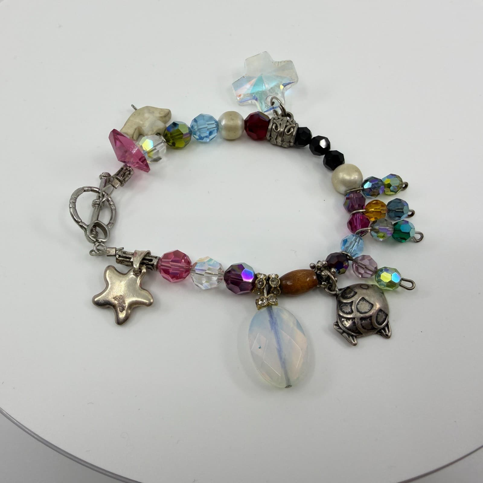 Vintage Silver Tone Chunky Charm Bracelet Beaded Statement Y2K Boho Multi Color - Thumbnail 7