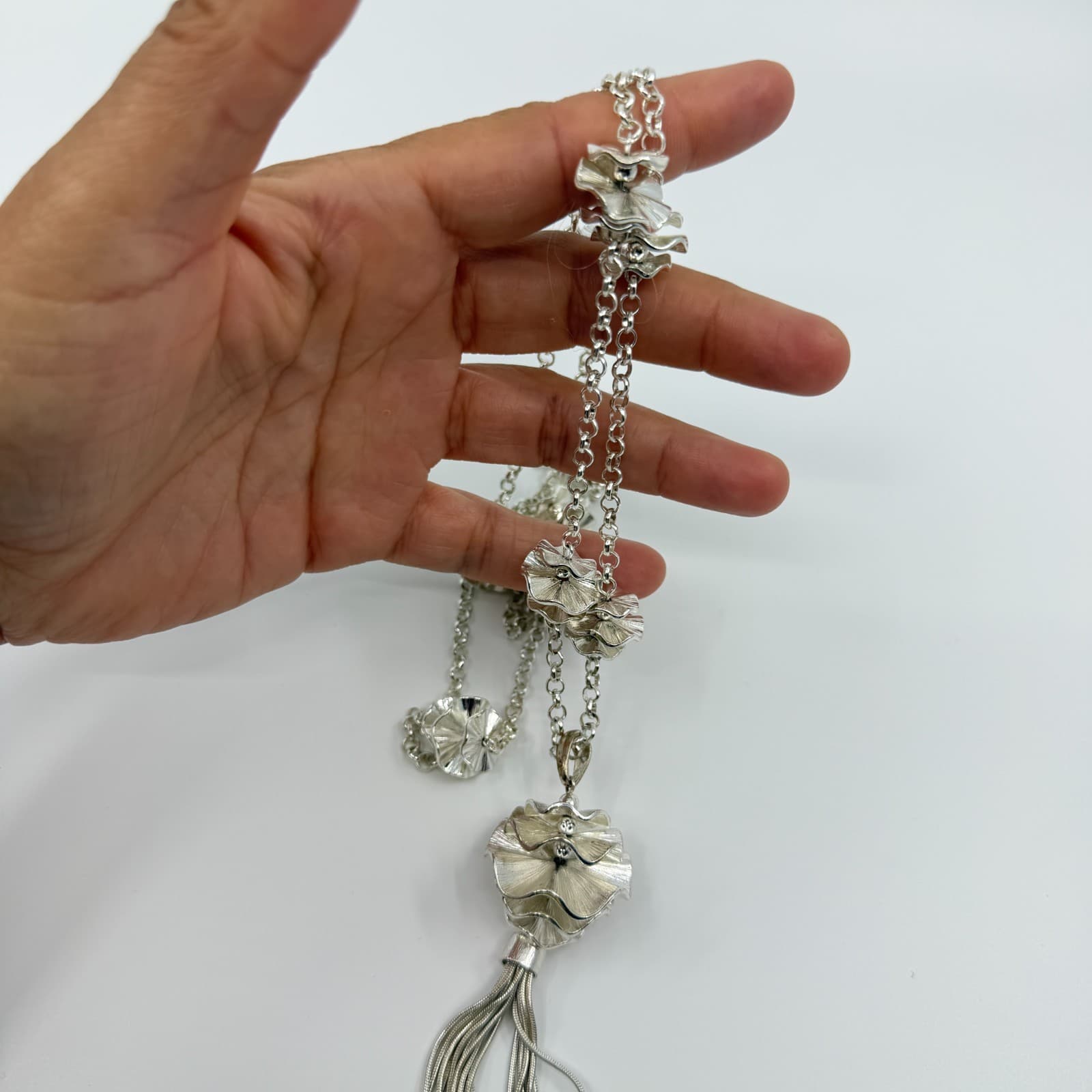 Vintage Silver Tone Long Station Tassel Necklace Ruffled Metal Orb Statement 90s - Thumbnail 8