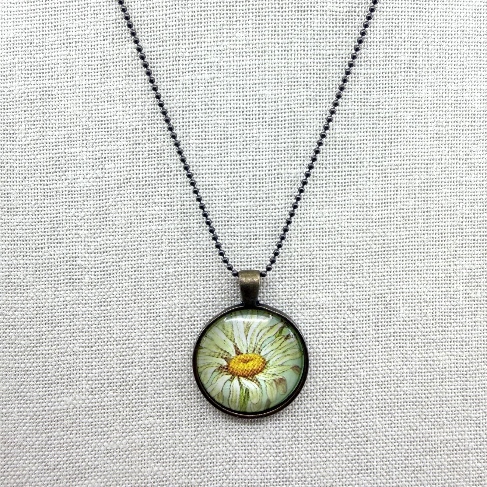 VTG Antique Bronze Tone Daisy Flower Pendant Necklace Glass Cabochon Boho Retro - Thumbnail 2