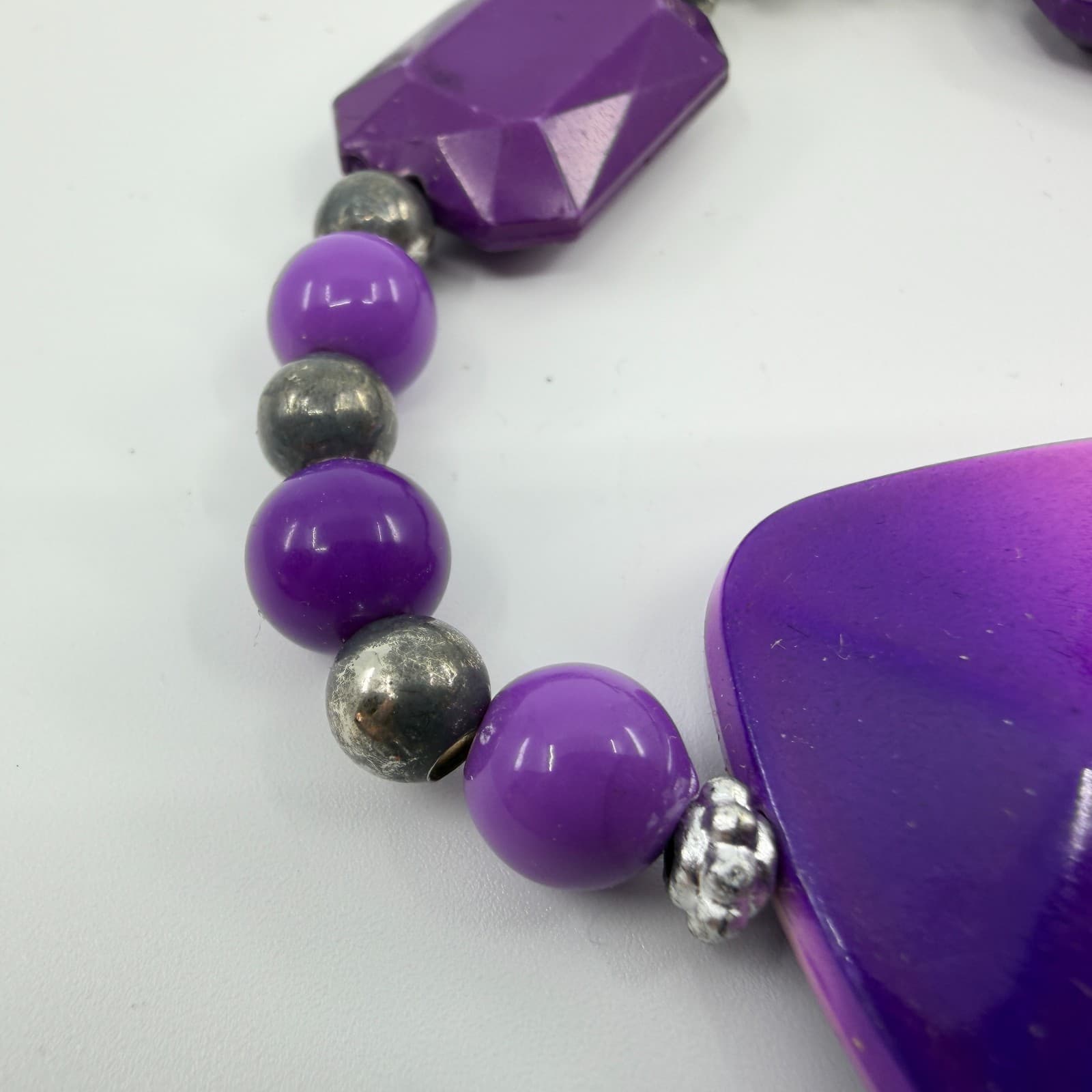 Vintage Silver Tone Purple Beaded Bracelet Chunky Statement Toggle Bold Boho 90s - Thumbnail 4