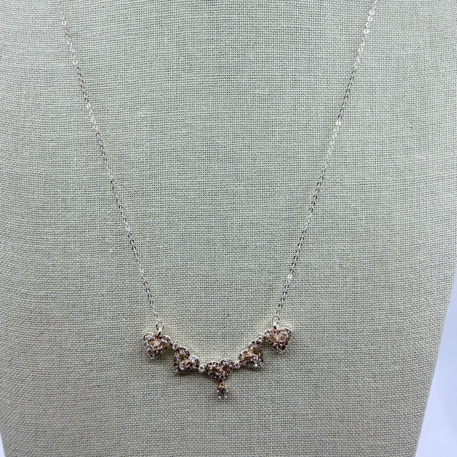 Vintage Silver Tone Heart Pendant Necklace Champagne Rhinestone Accent Dainty - Thumbnail 4