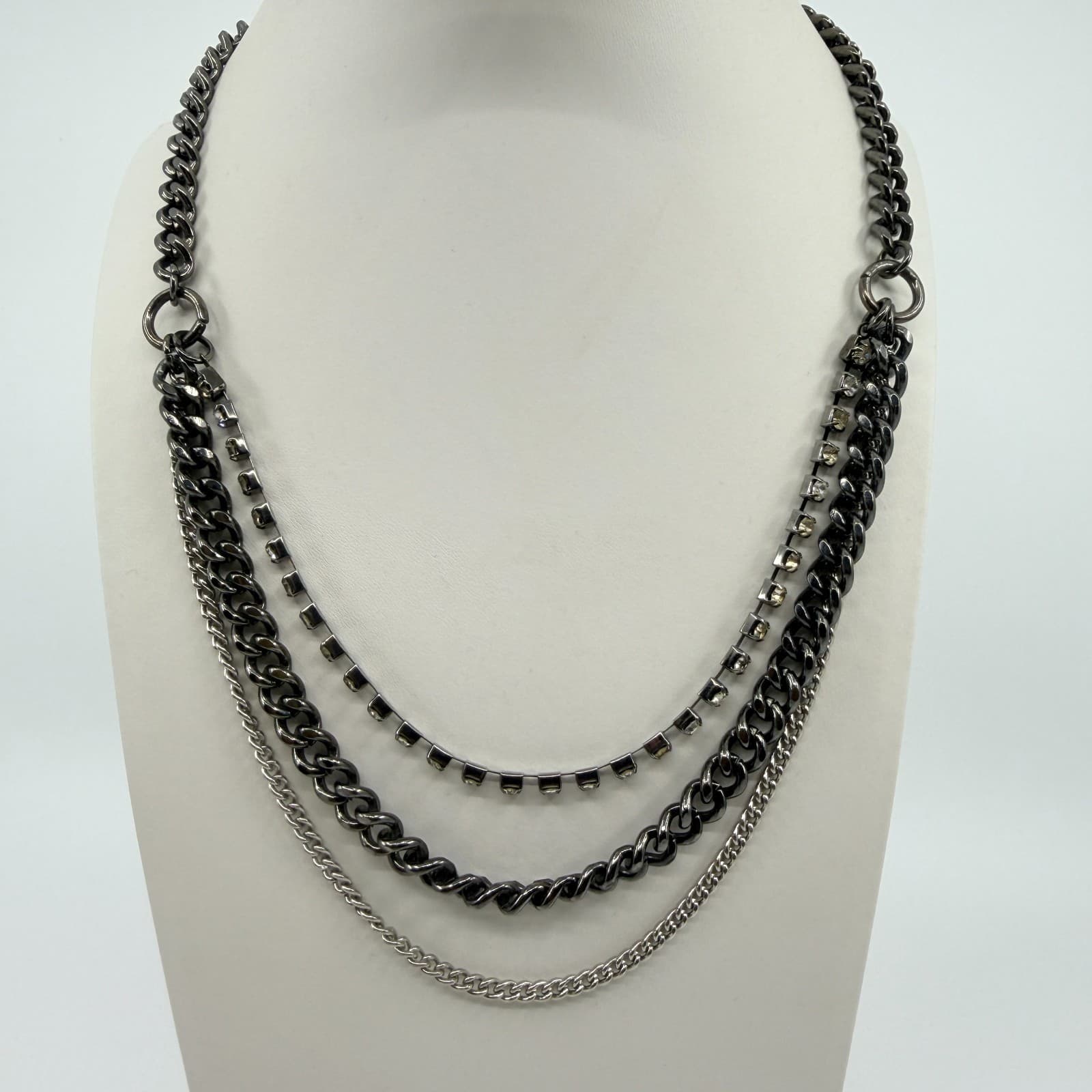 Vintage Gunmetal Tone Layered Necklace Multi Strand Chunky Curb Chain Rhinestone - Thumbnail 2
