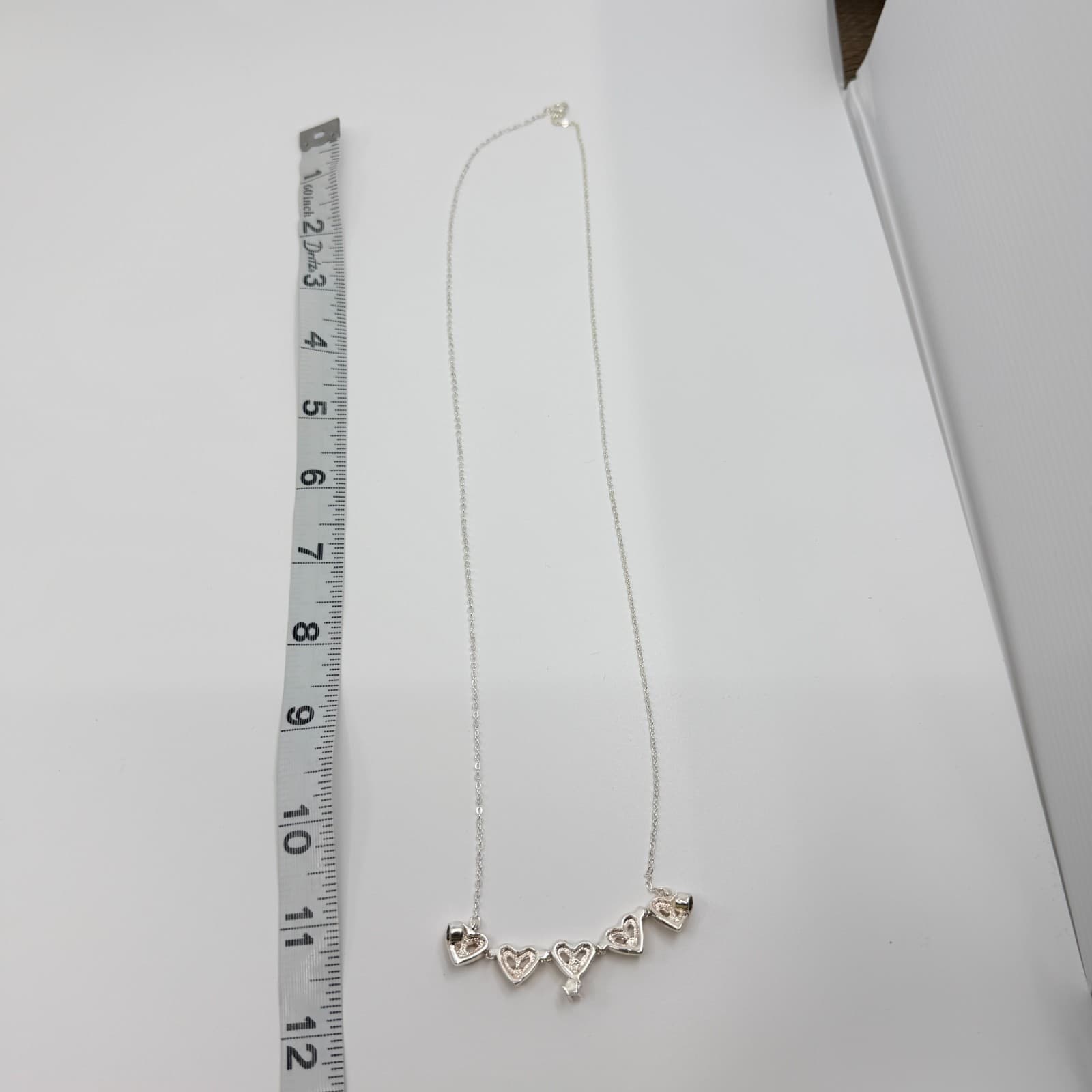 Vintage Silver Tone Heart Pendant Necklace Champagne Rhinestone Accent Dainty - Thumbnail 9