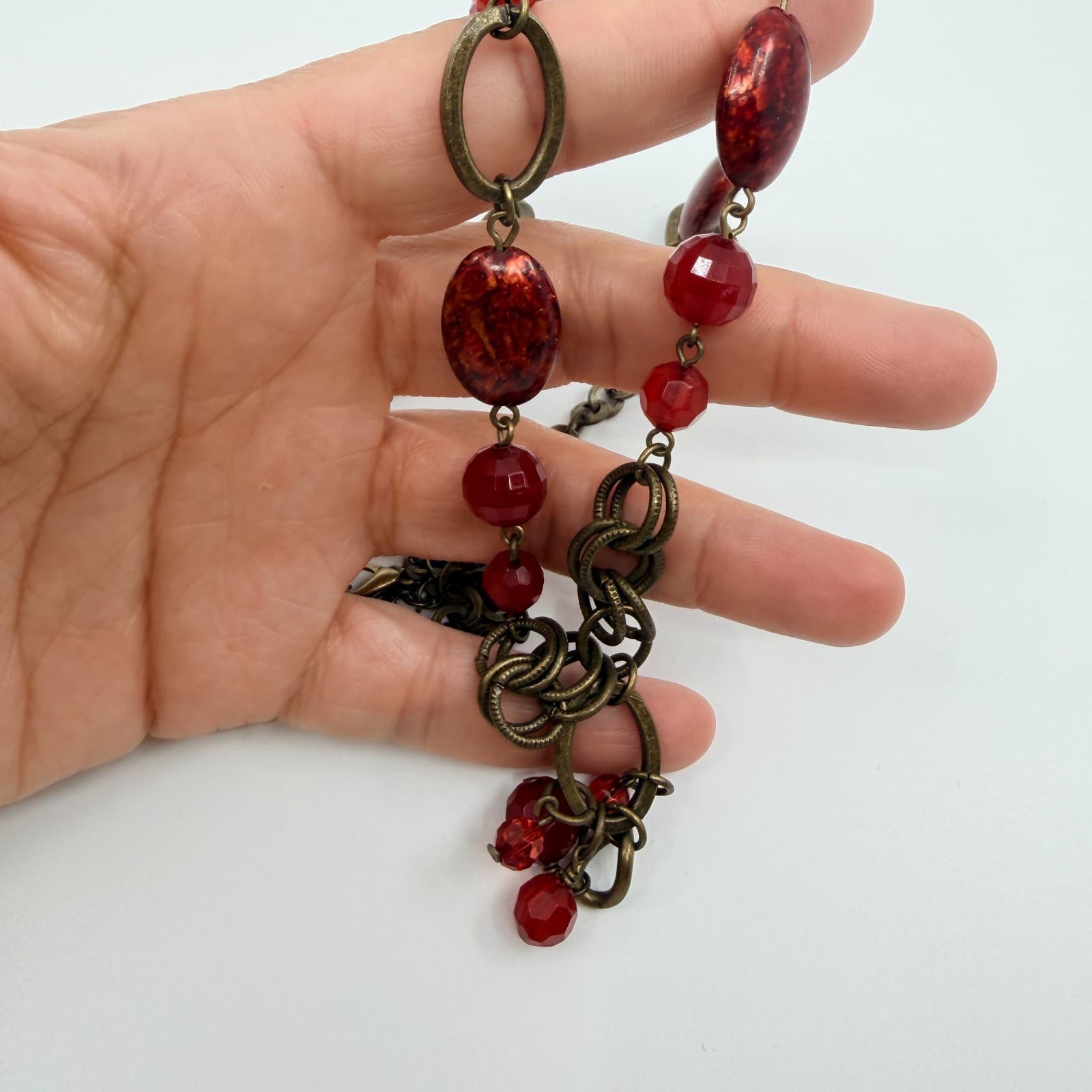 Vintage Antique Brass Tone Red Necklace Faceted Crystal Glass Bead Drop Y-Neck - Thumbnail 9