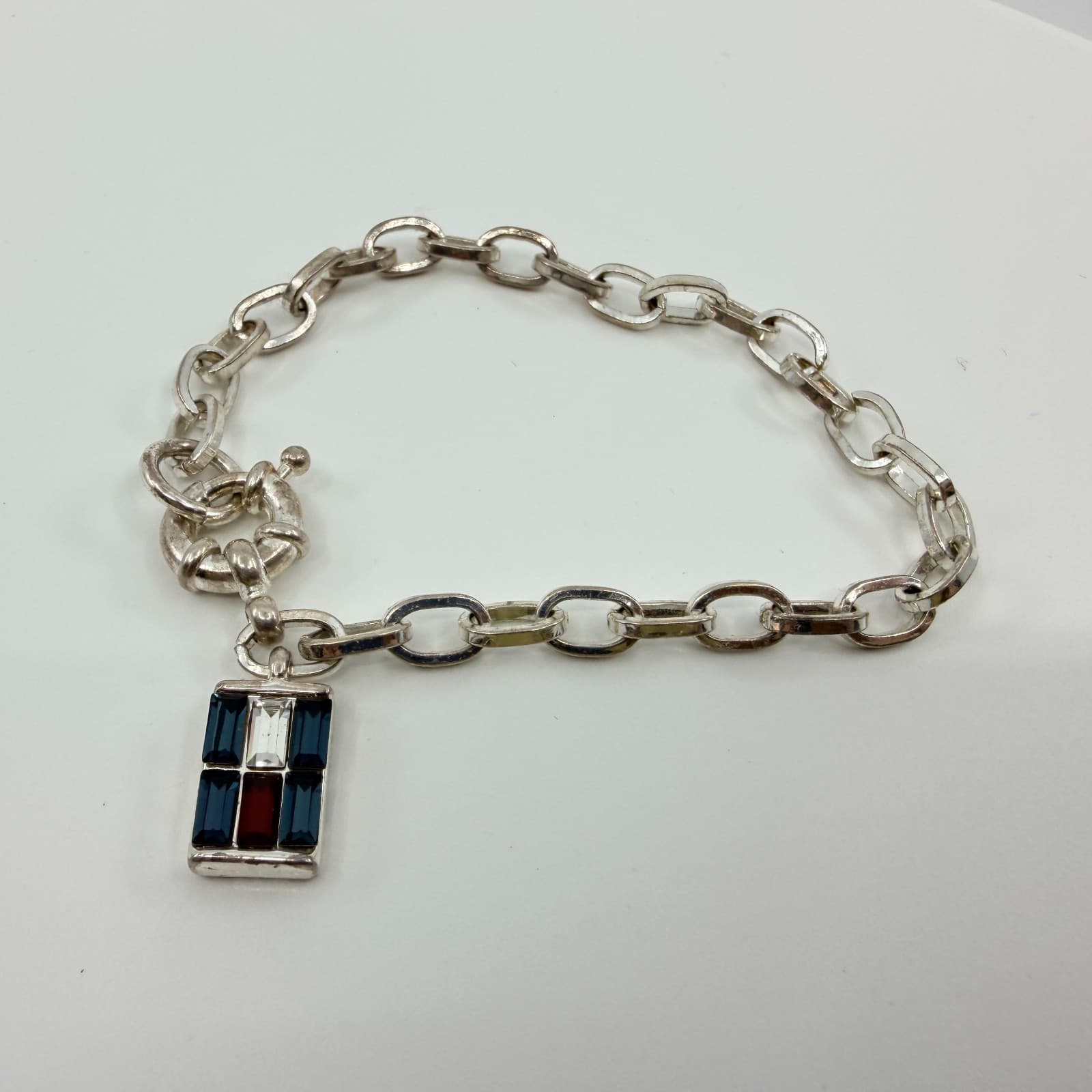 Vintage Silver Tone Link Chain Bracelet Flag Charm Blue Red White Rhinestone Y2K - Thumbnail 4