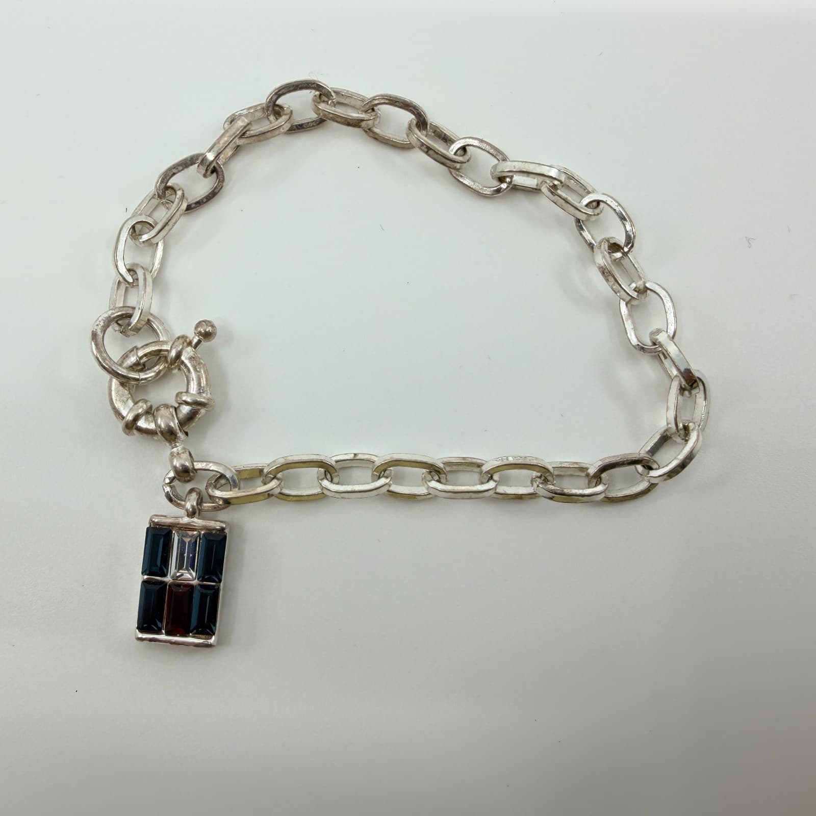 Vintage Silver Tone Link Chain Bracelet Flag Charm Blue Red White Rhinestone Y2K - Thumbnail 6