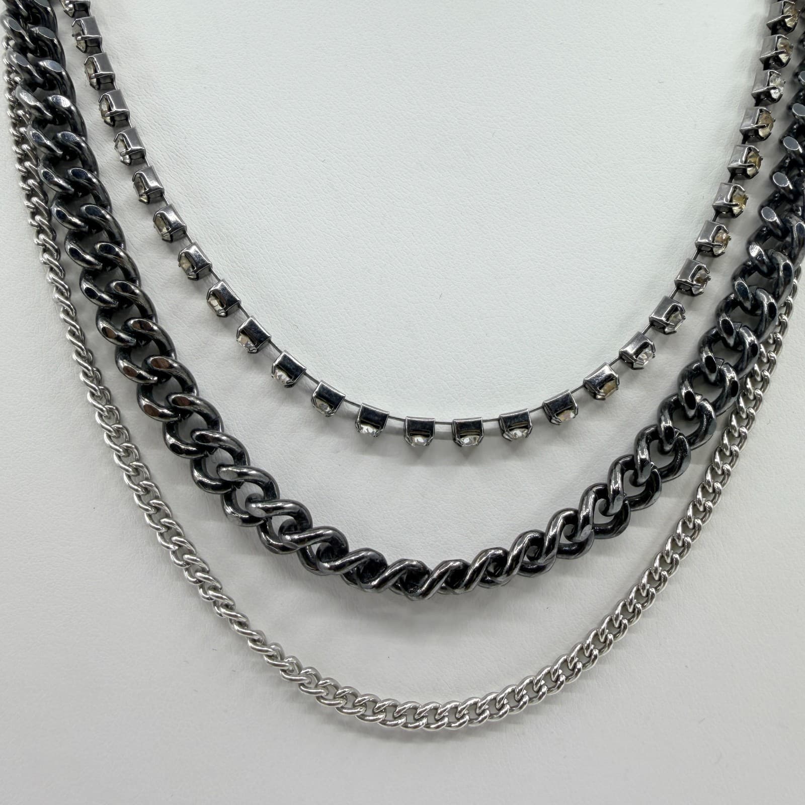Vintage Gunmetal Tone Layered Necklace Multi Strand Chunky Curb Chain Rhinestone - Thumbnail 6