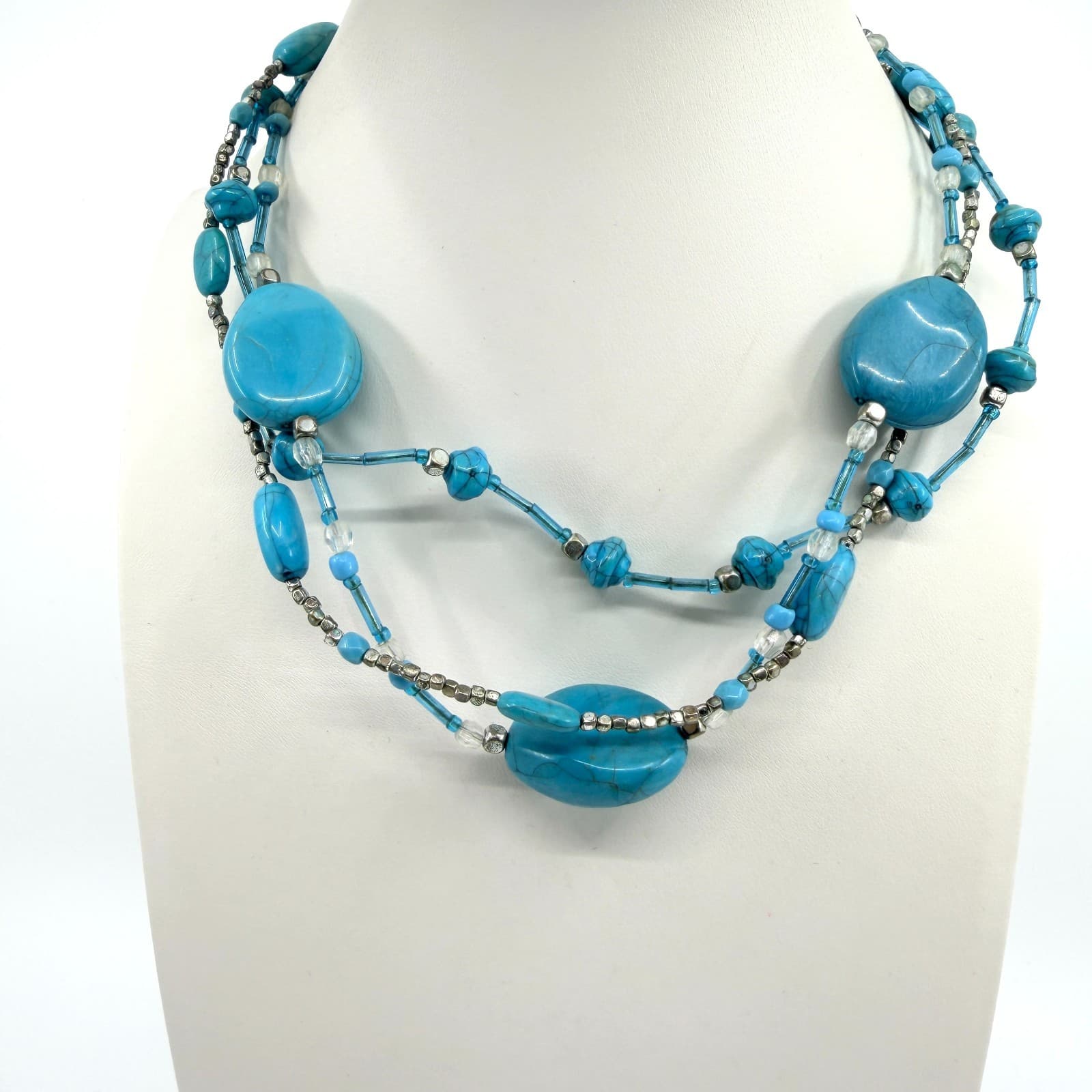 Vintage Silver Tone Turquoise Color Necklace Multi Strand Chunky Statement Boho