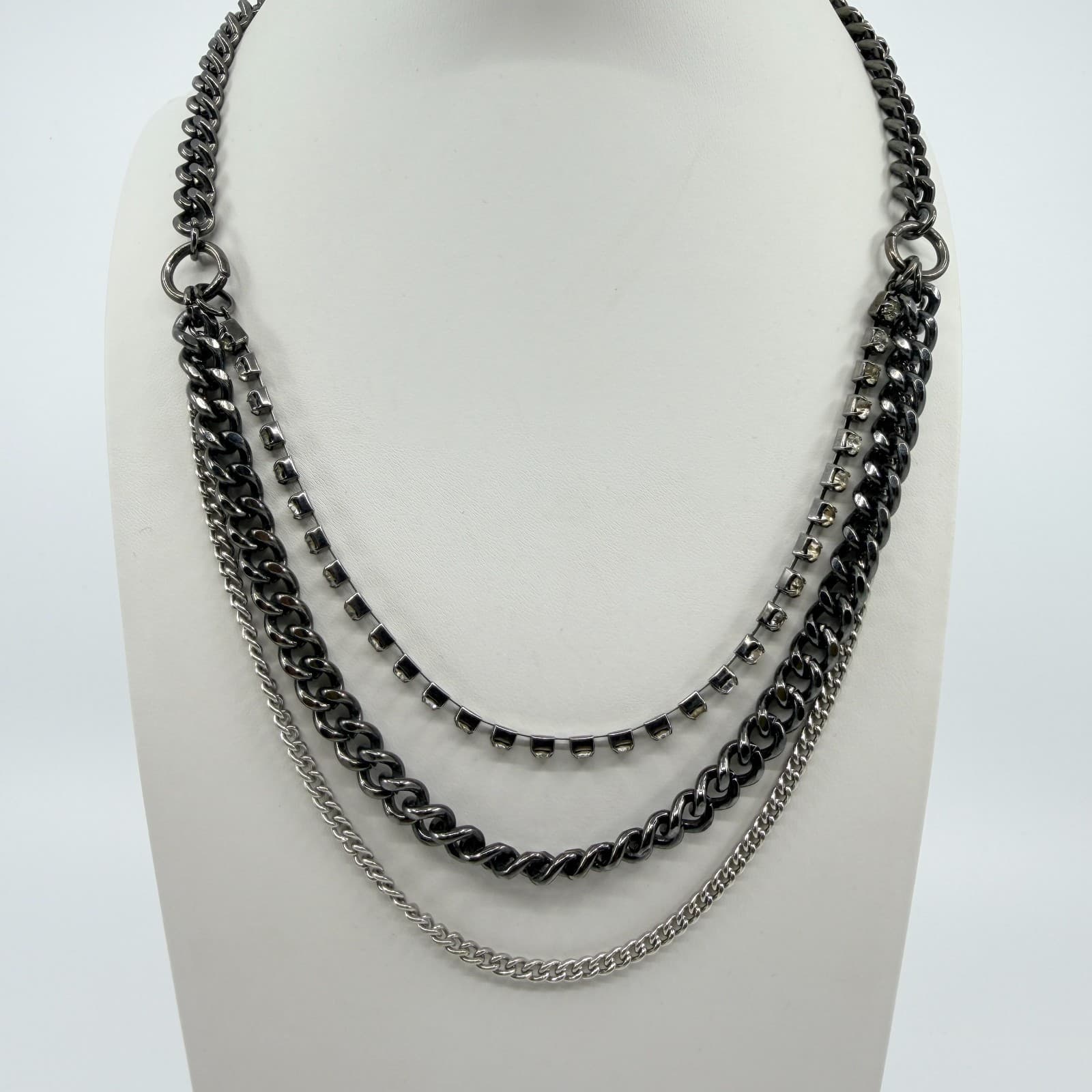 Vintage Gunmetal Tone Layered Necklace Multi Strand Chunky Curb Chain Rhinestone - Thumbnail 7