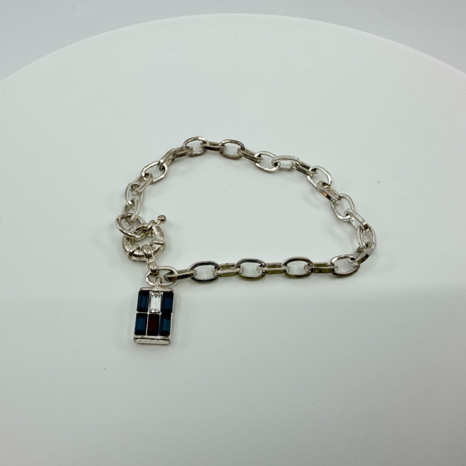 Vintage Silver Tone Link Chain Bracelet Flag Charm Blue Red White Rhinestone Y2K - Thumbnail 5