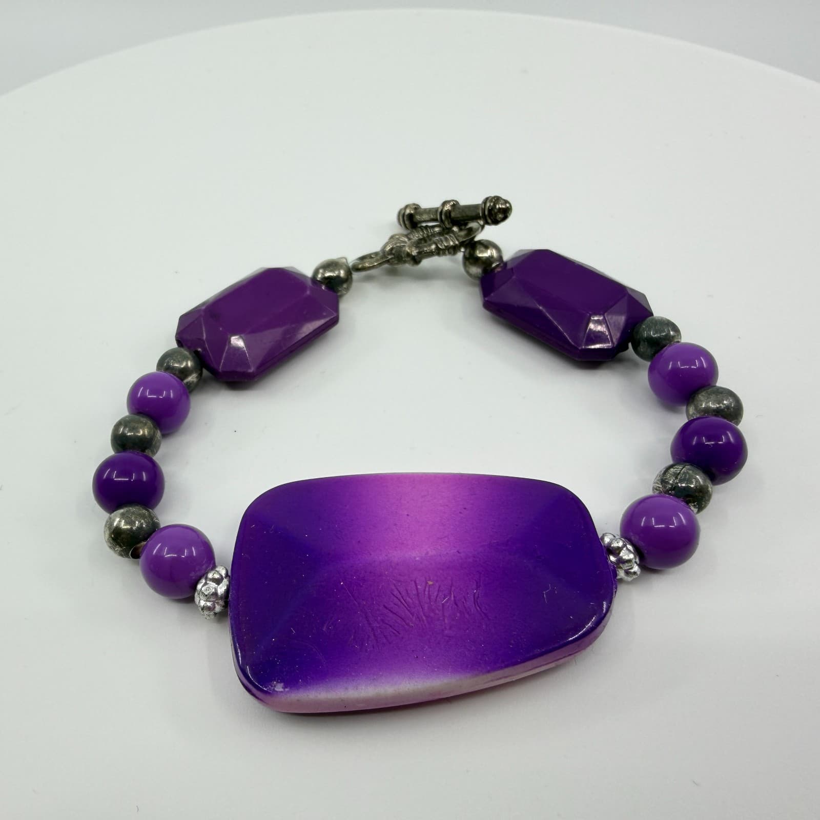 Vintage Silver Tone Purple Beaded Bracelet Chunky Statement Toggle Bold Boho 90s - Thumbnail 3