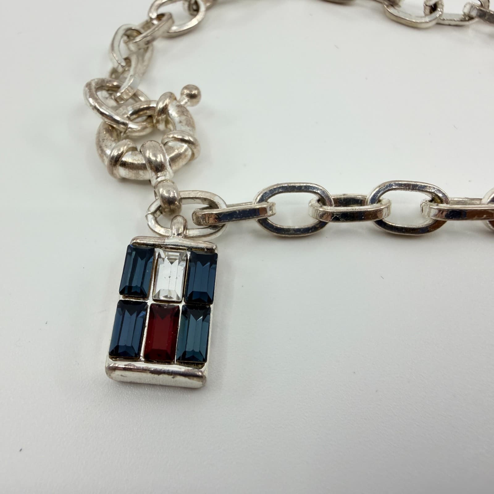 Vintage Silver Tone Link Chain Bracelet Flag Charm Blue Red White Rhinestone Y2K - Thumbnail 3