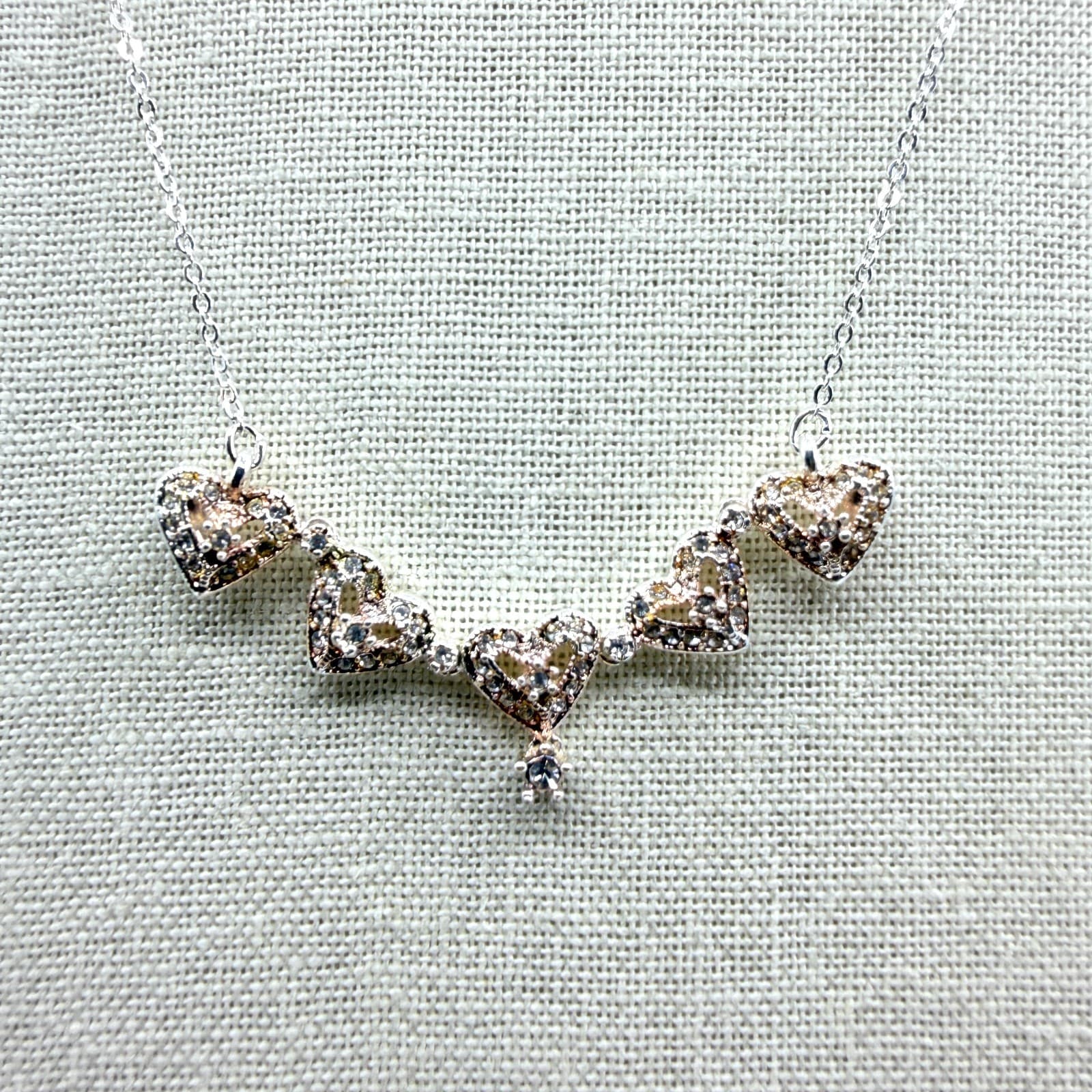 Vintage Silver Tone Heart Pendant Necklace Champagne Rhinestone Accent Dainty