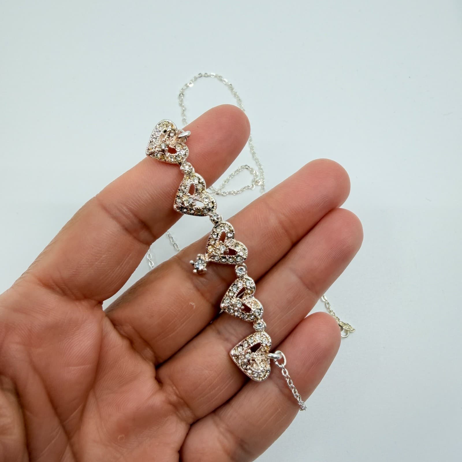 Vintage Silver Tone Heart Pendant Necklace Champagne Rhinestone Accent Dainty - Thumbnail 8