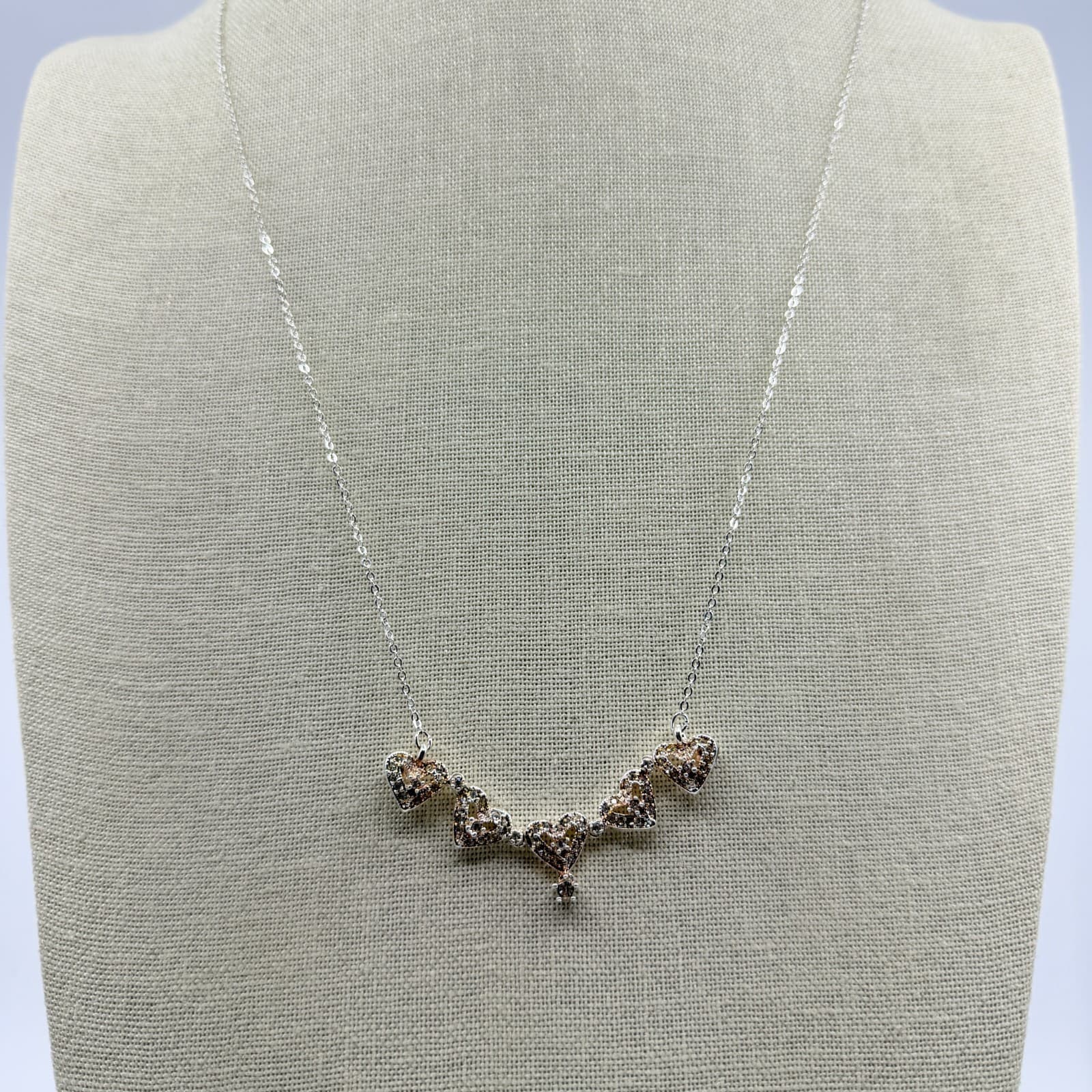 Vintage Silver Tone Heart Pendant Necklace Champagne Rhinestone Accent Dainty - Thumbnail 6