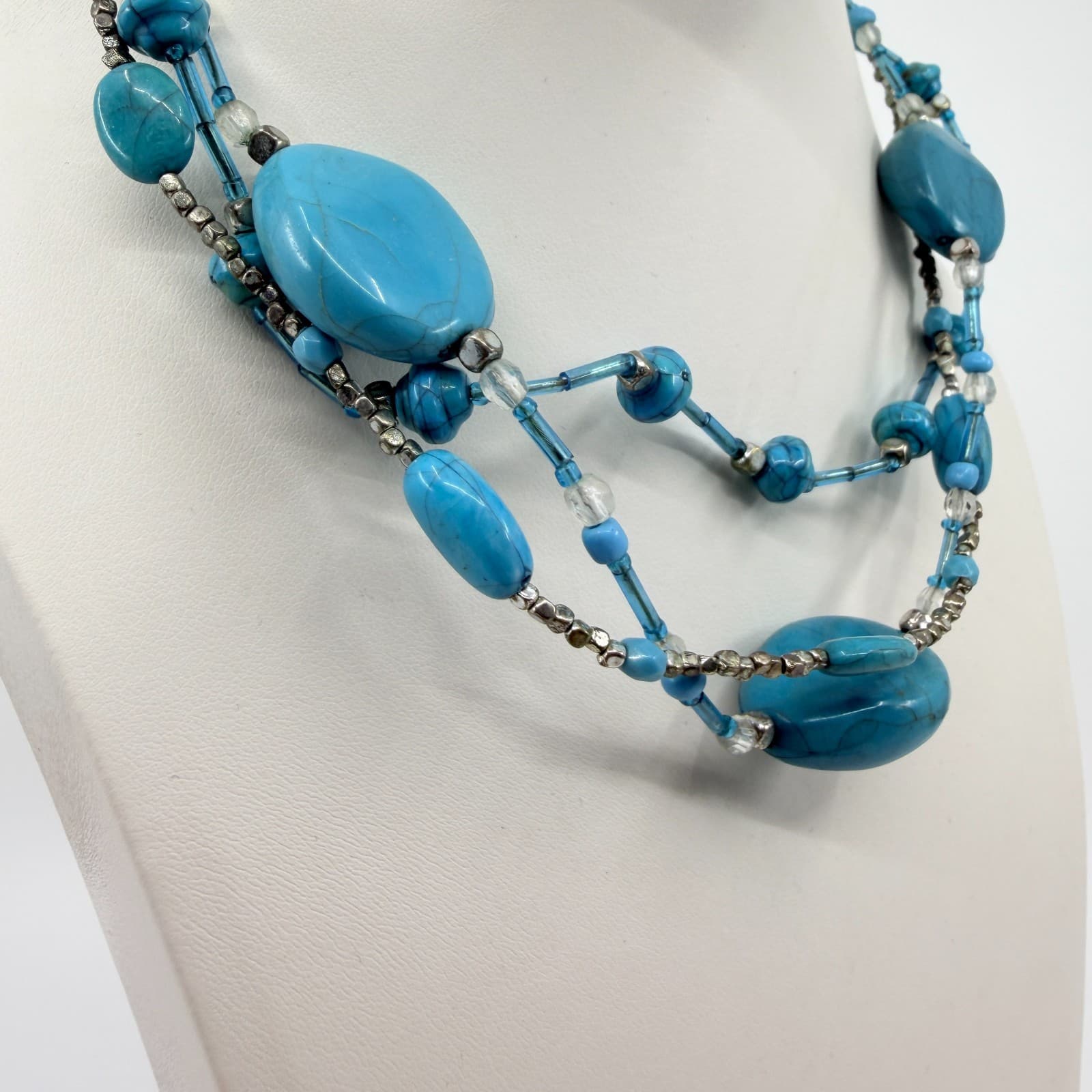 Vintage Silver Tone Turquoise Color Necklace Multi Strand Chunky Statement Boho - Thumbnail 3