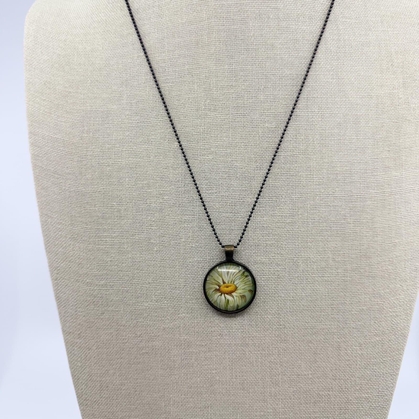 VTG Antique Bronze Tone Daisy Flower Pendant Necklace Glass Cabochon Boho Retro - Thumbnail 3