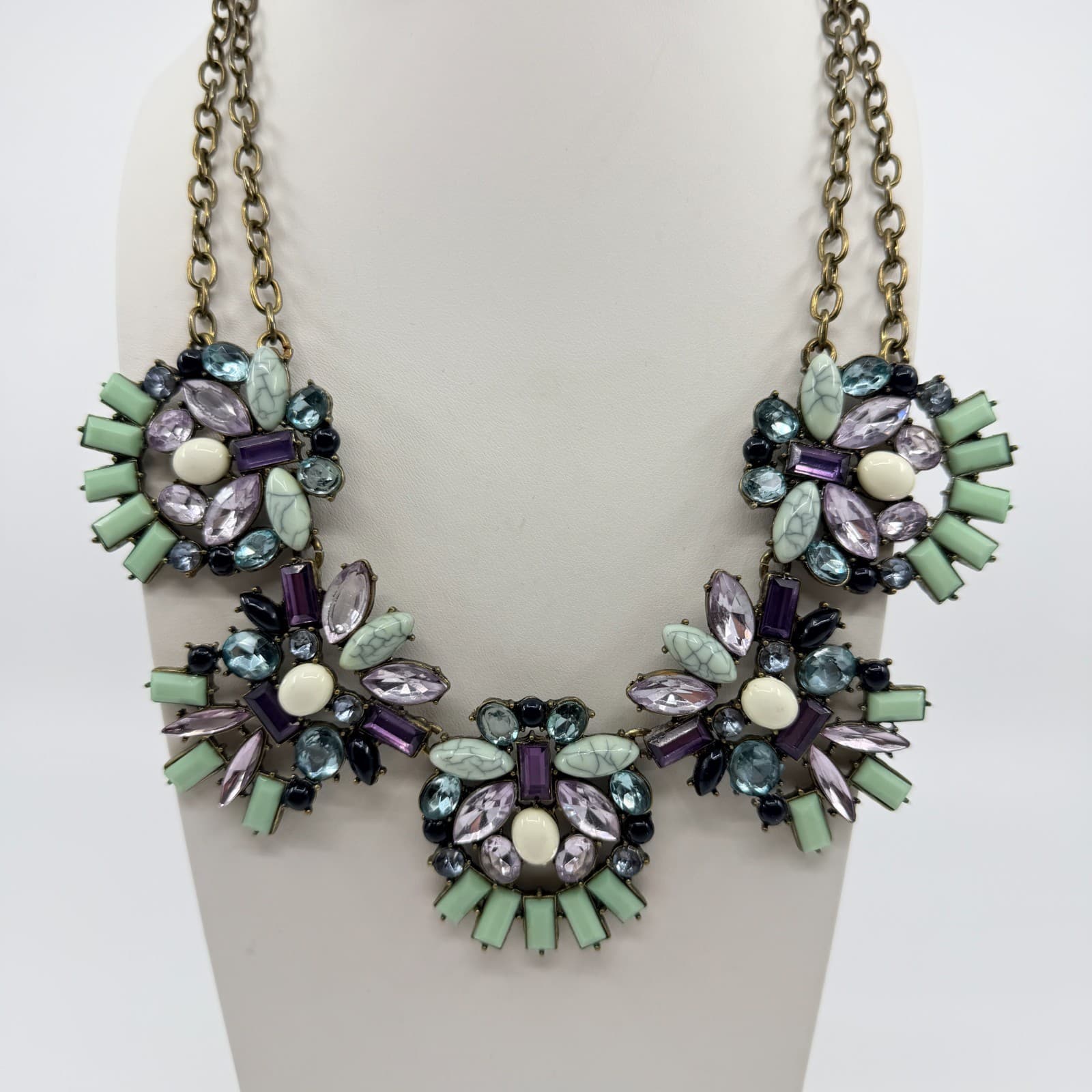 Vintage Brass Tone Rhinestone Mosaic Statement Necklace Cluster Chunky Bib Retro - Thumbnail 2