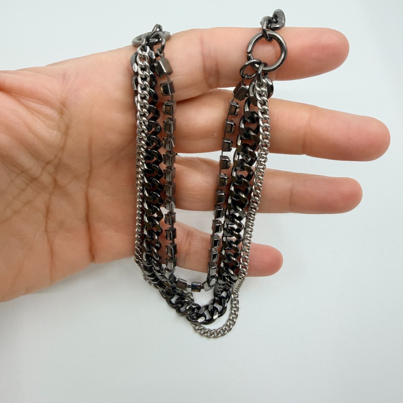 Vintage Gunmetal Tone Layered Necklace Multi Strand Chunky Curb Chain Rhinestone - Thumbnail 9