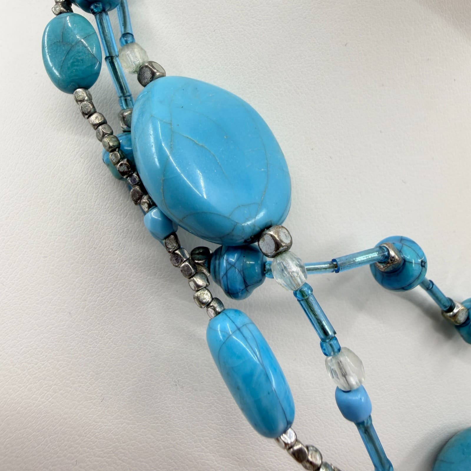 Vintage Silver Tone Turquoise Color Necklace Multi Strand Chunky Statement Boho - Thumbnail 4
