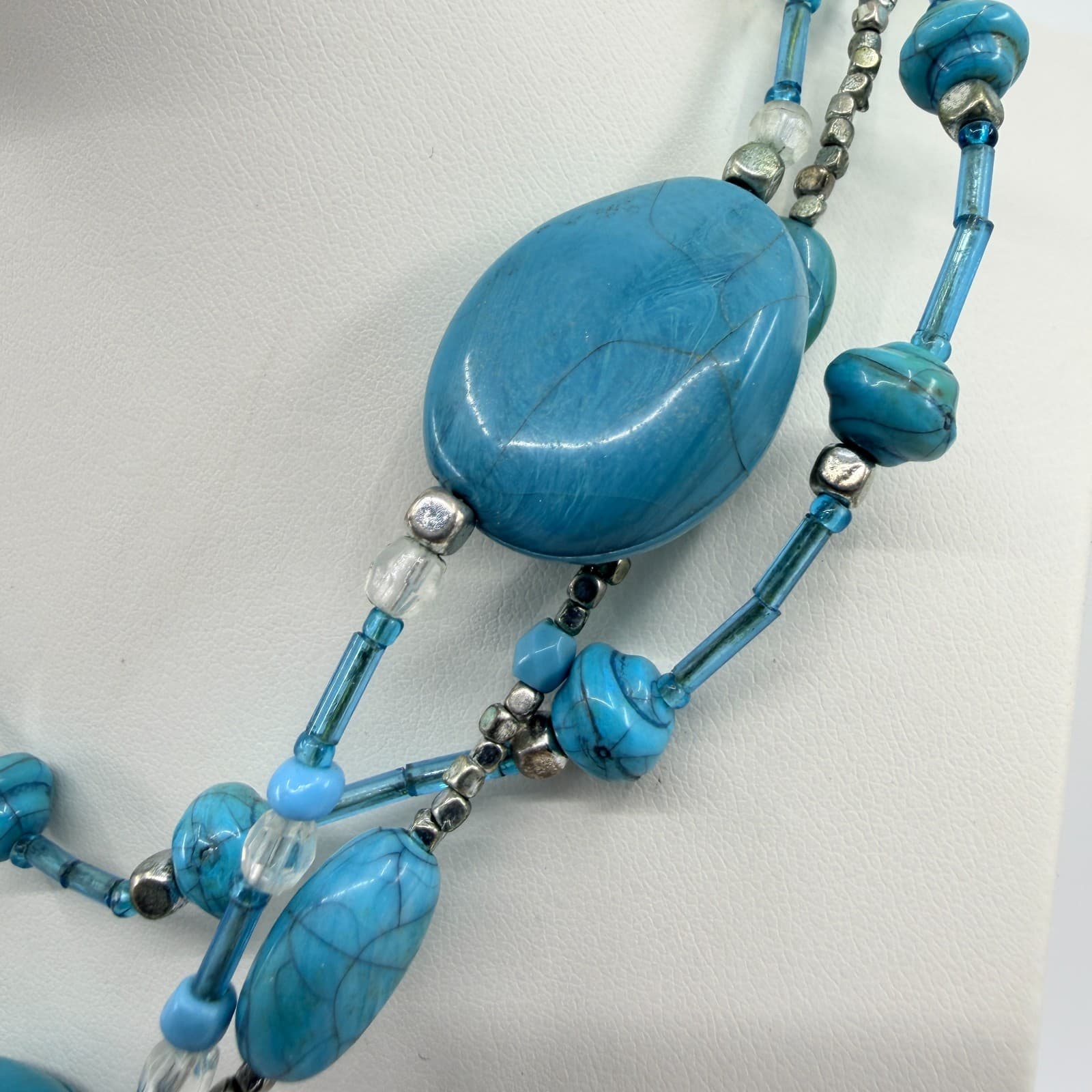 Vintage Silver Tone Turquoise Color Necklace Multi Strand Chunky Statement Boho - Thumbnail 6