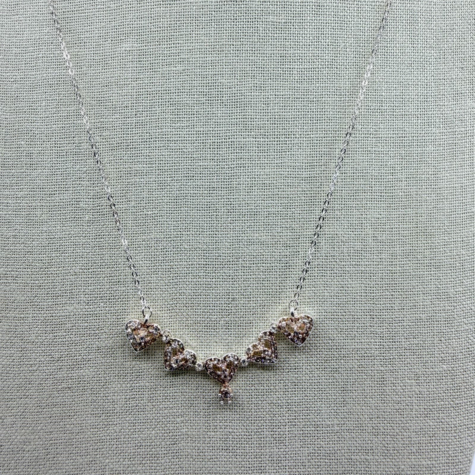 Vintage Silver Tone Heart Pendant Necklace Champagne Rhinestone Accent Dainty - Thumbnail 3