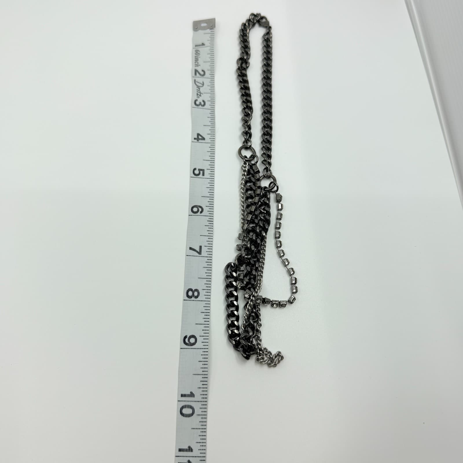 Vintage Gunmetal Tone Layered Necklace Multi Strand Chunky Curb Chain Rhinestone - Thumbnail 10