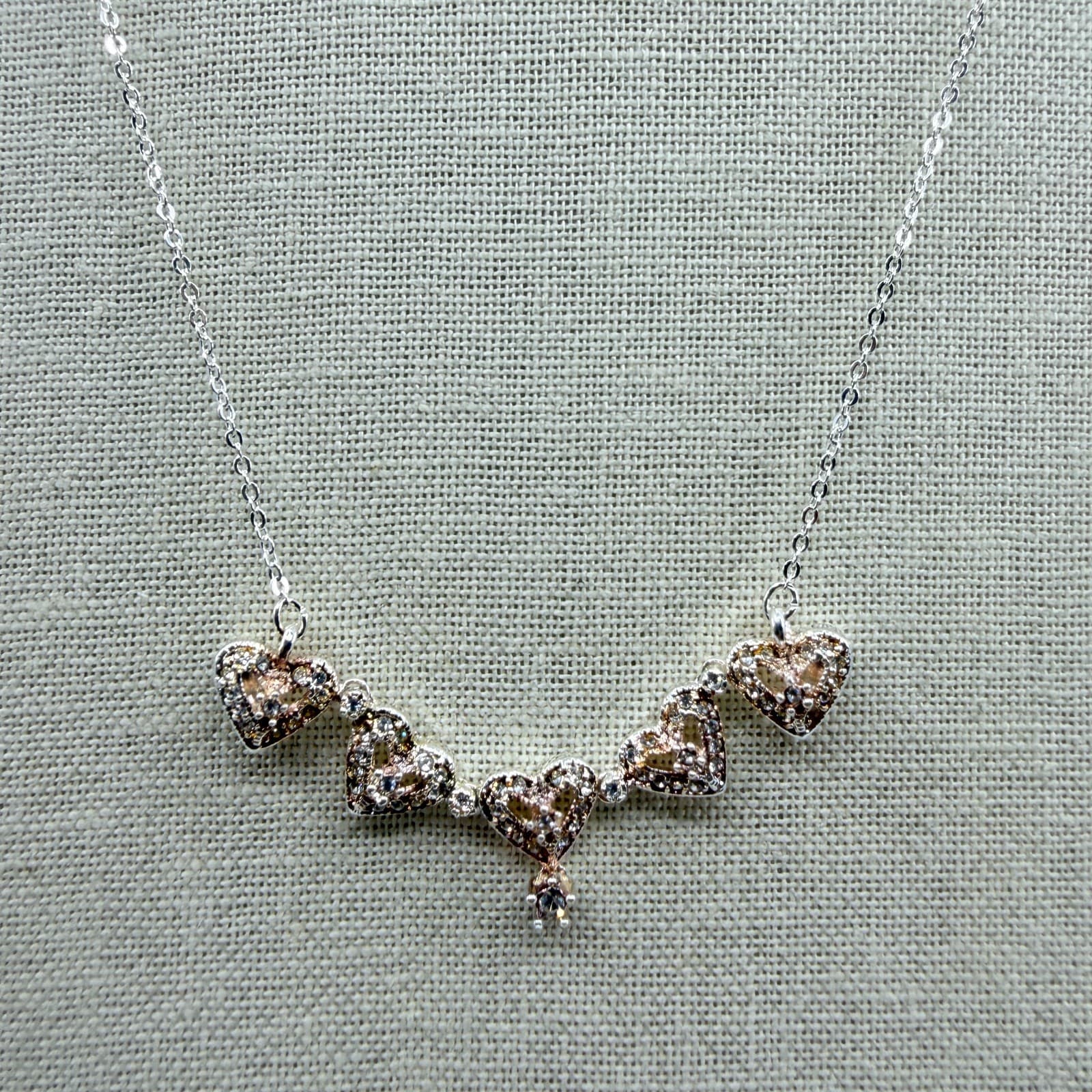 Vintage Silver Tone Heart Pendant Necklace Champagne Rhinestone Accent Dainty - Thumbnail 2