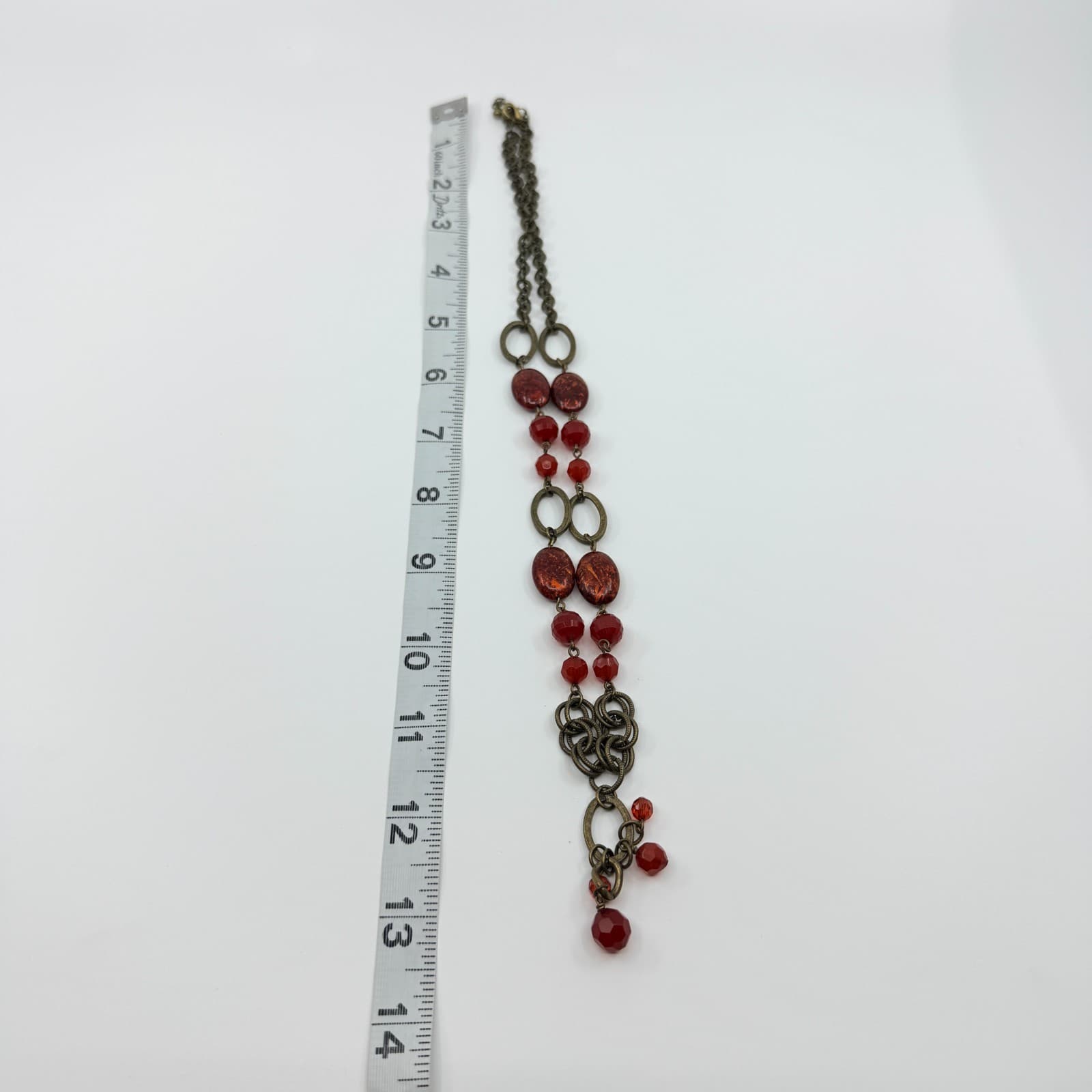 Vintage Antique Brass Tone Red Necklace Faceted Crystal Glass Bead Drop Y-Neck - Thumbnail 10