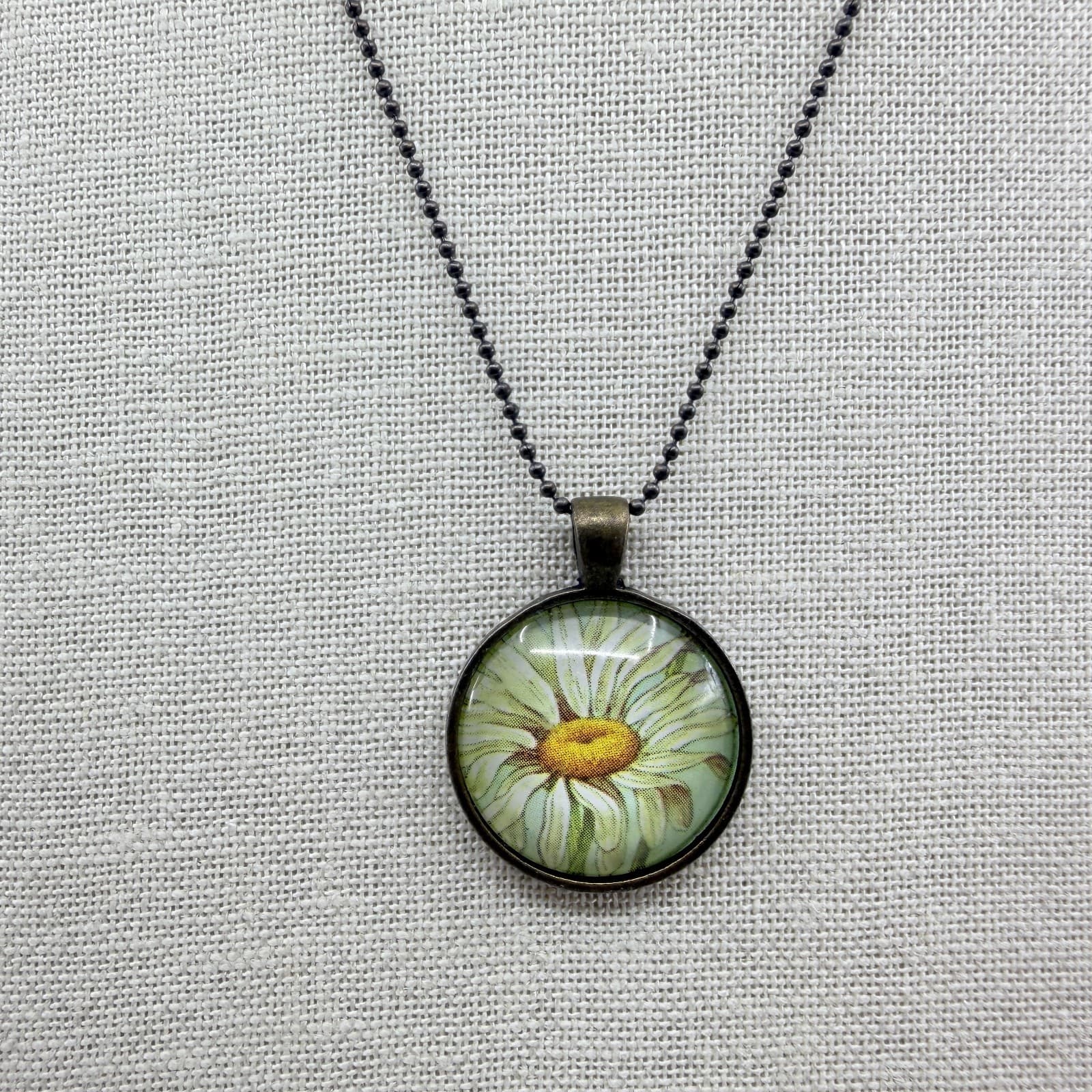 VTG Antique Bronze Tone Daisy Flower Pendant Necklace Glass Cabochon Boho Retro - Thumbnail 4