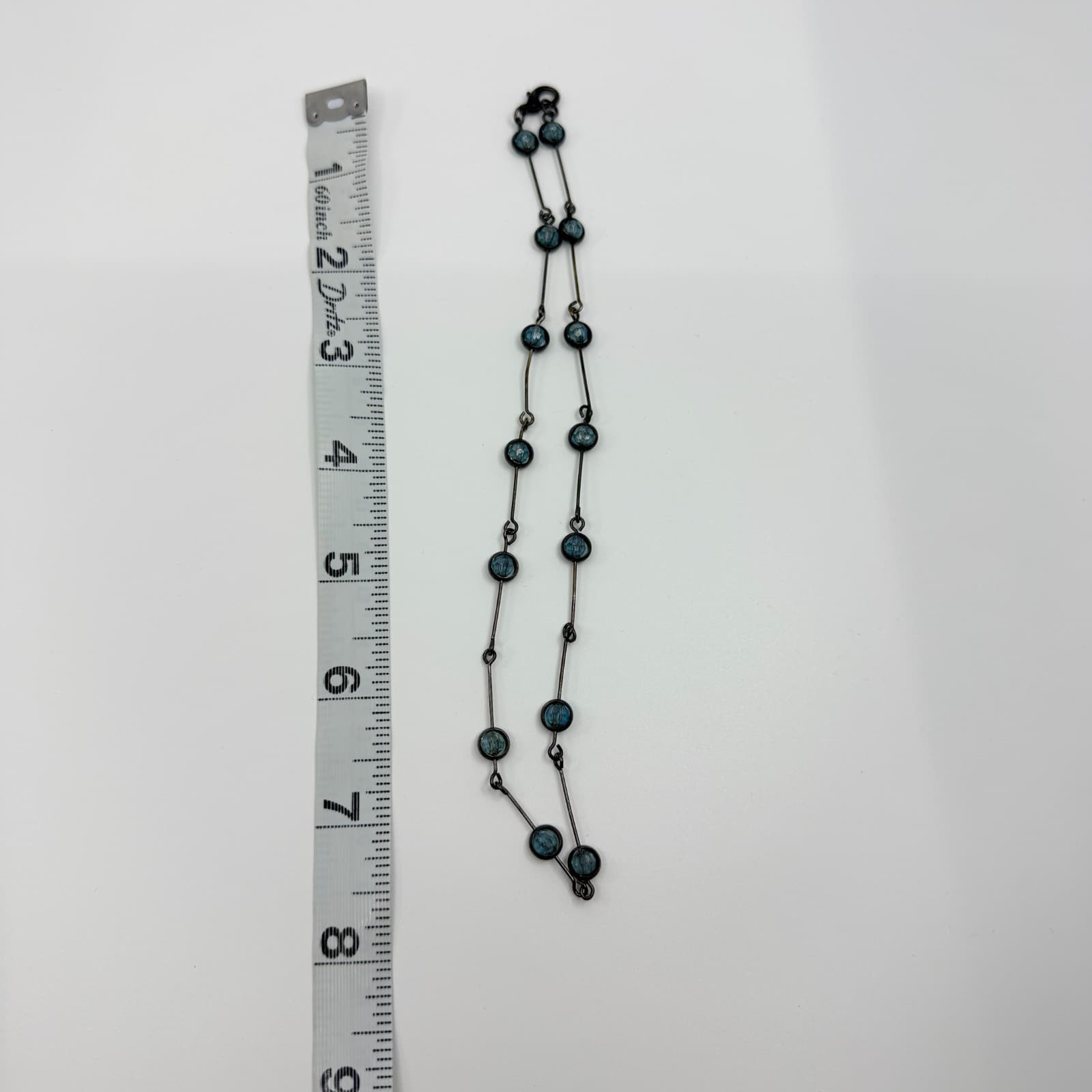 VTG Gunmetal Tone Blue Crystal Glass Necklace Station Link Bar Dainty Minimalist - Thumbnail 9