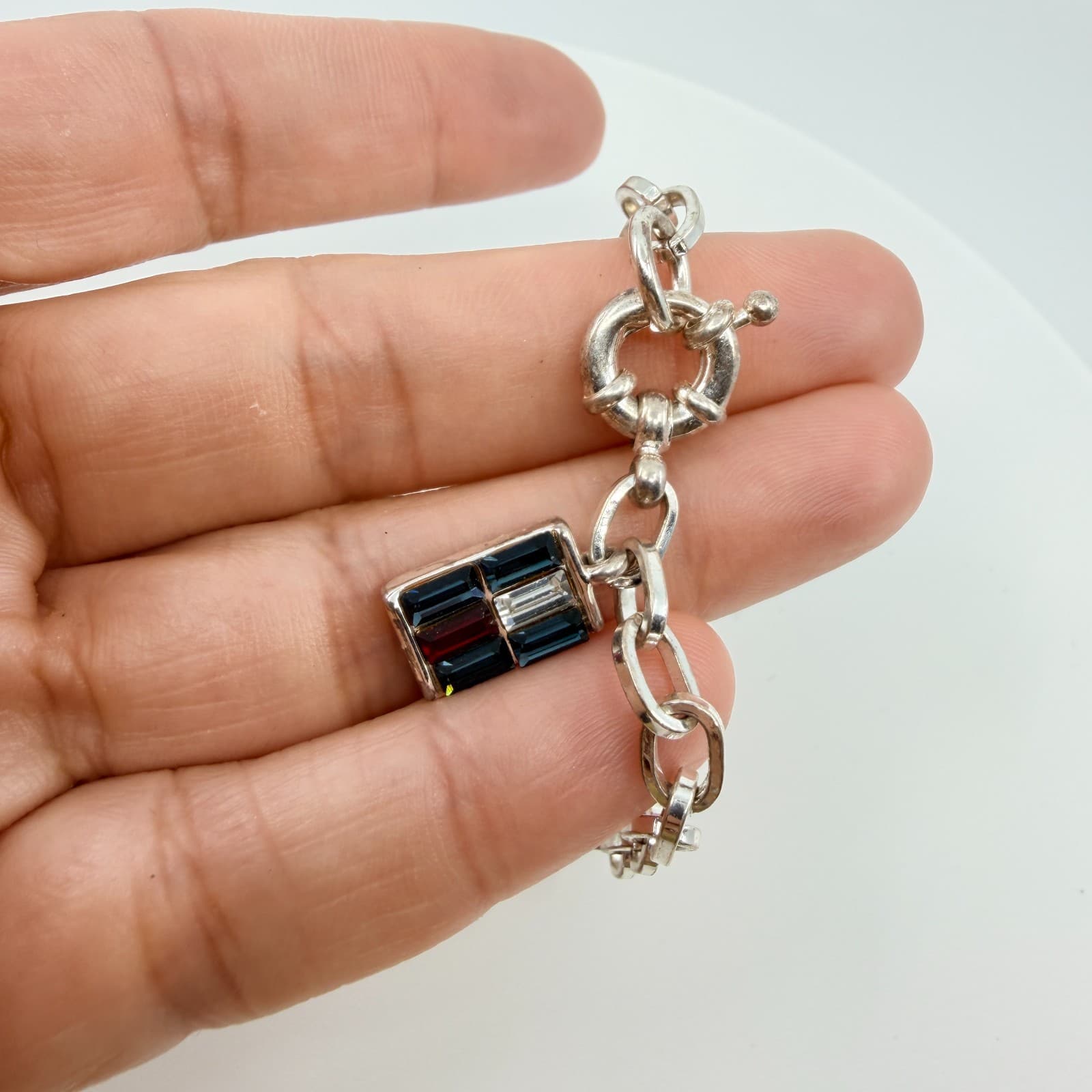 Vintage Silver Tone Link Chain Bracelet Flag Charm Blue Red White Rhinestone Y2K - Thumbnail 7