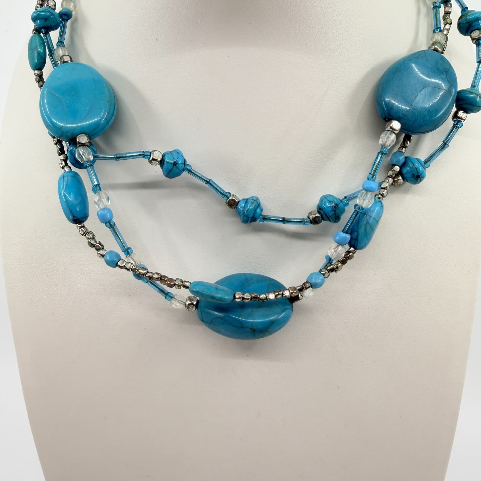 Vintage Silver Tone Turquoise Color Necklace Multi Strand Chunky Statement Boho - Thumbnail 2